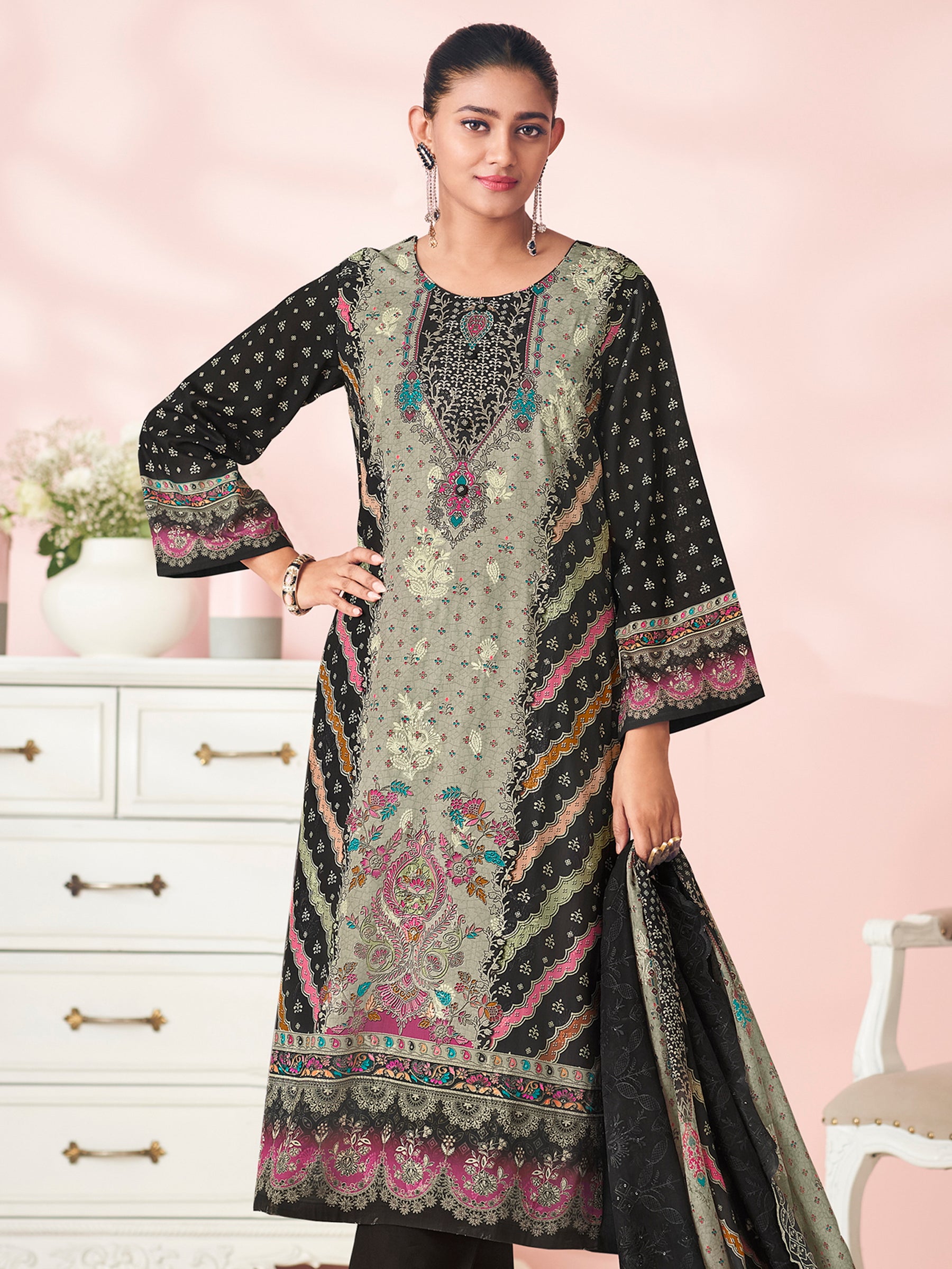 Ebony Elegance Ethnic Suit Set | Floral Digital Print with Resham & Sequin Embroidery