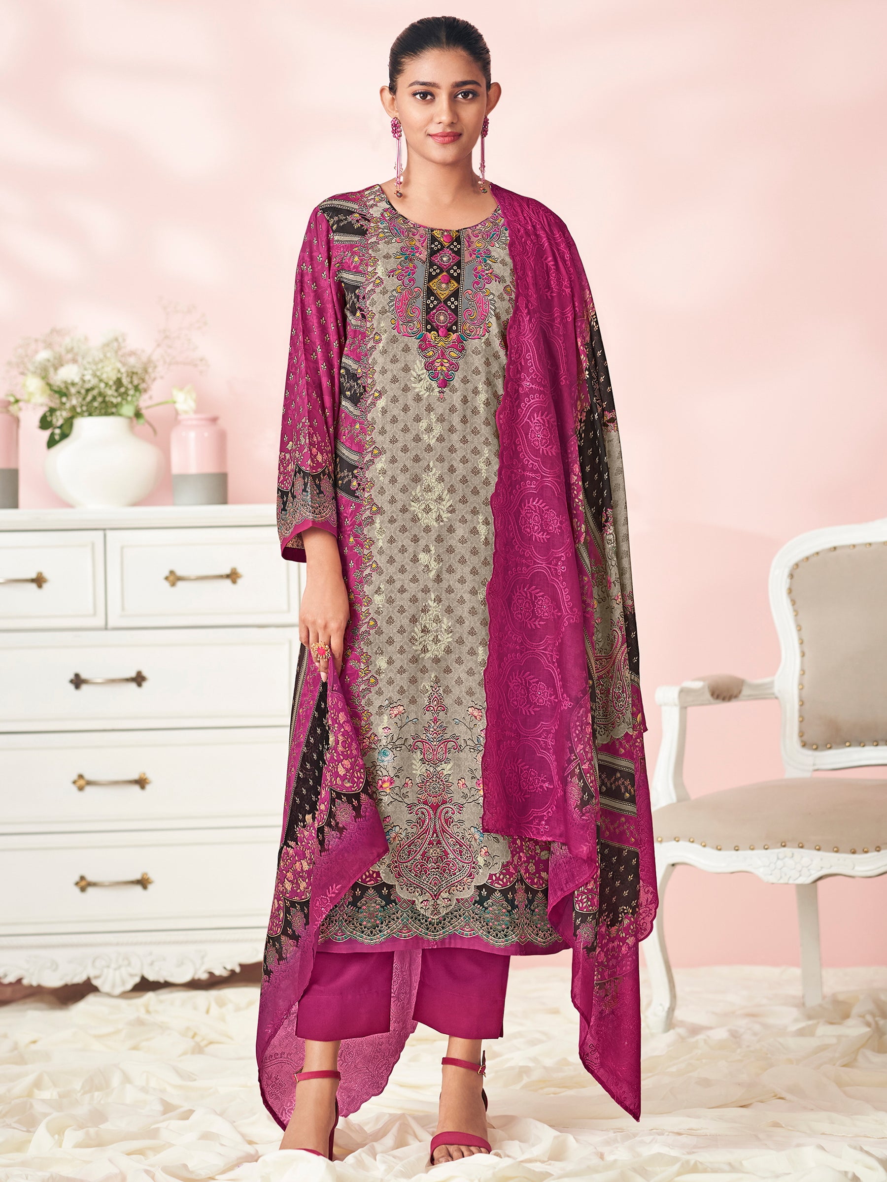 Ruby Bloom Designer Salwar Suit | Floral Digital Print with Resham & Sequin Embroidery