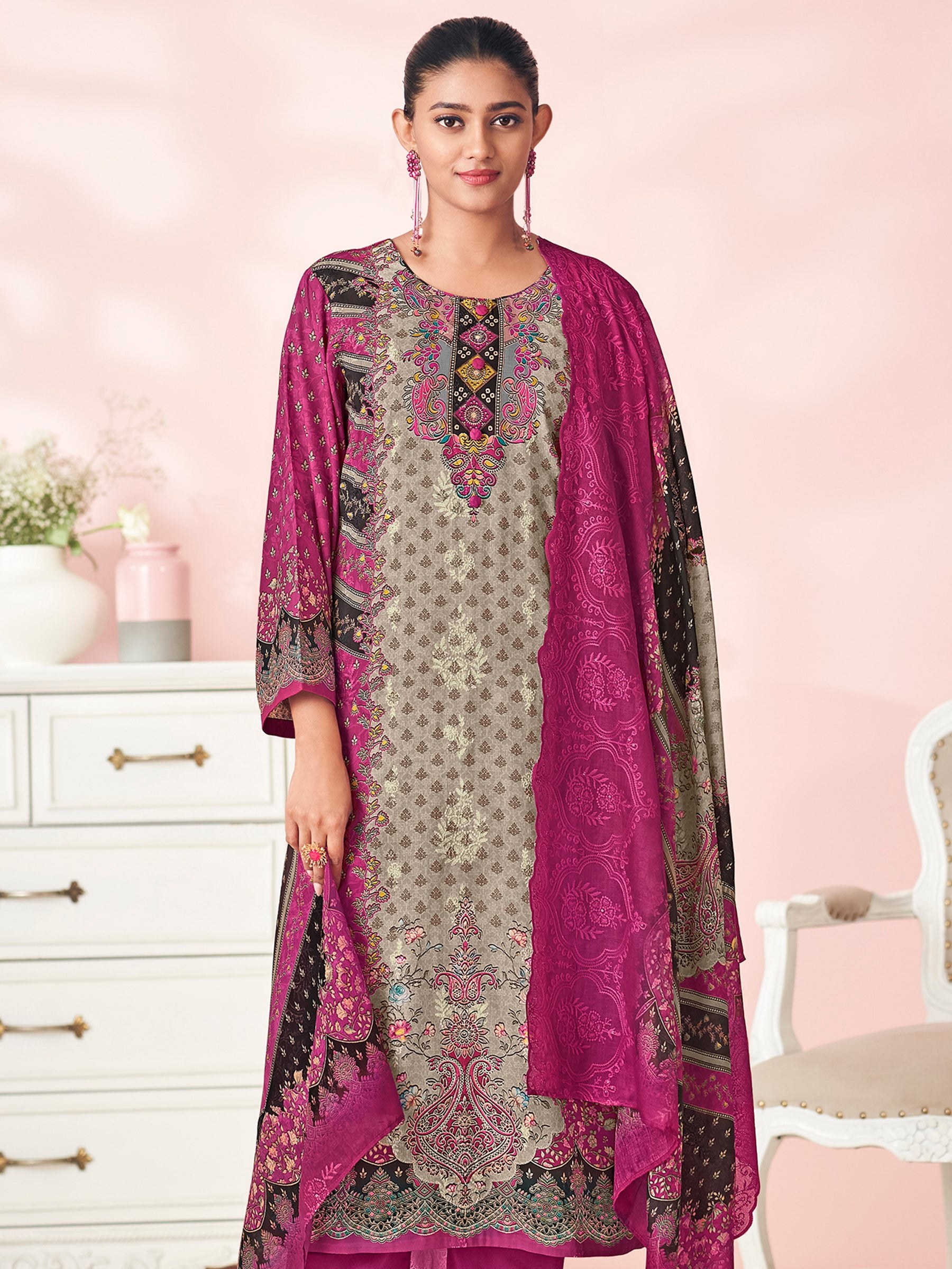 Ruby Bloom Designer Salwar Suit | Floral Digital Print with Resham & Sequin Embroidery