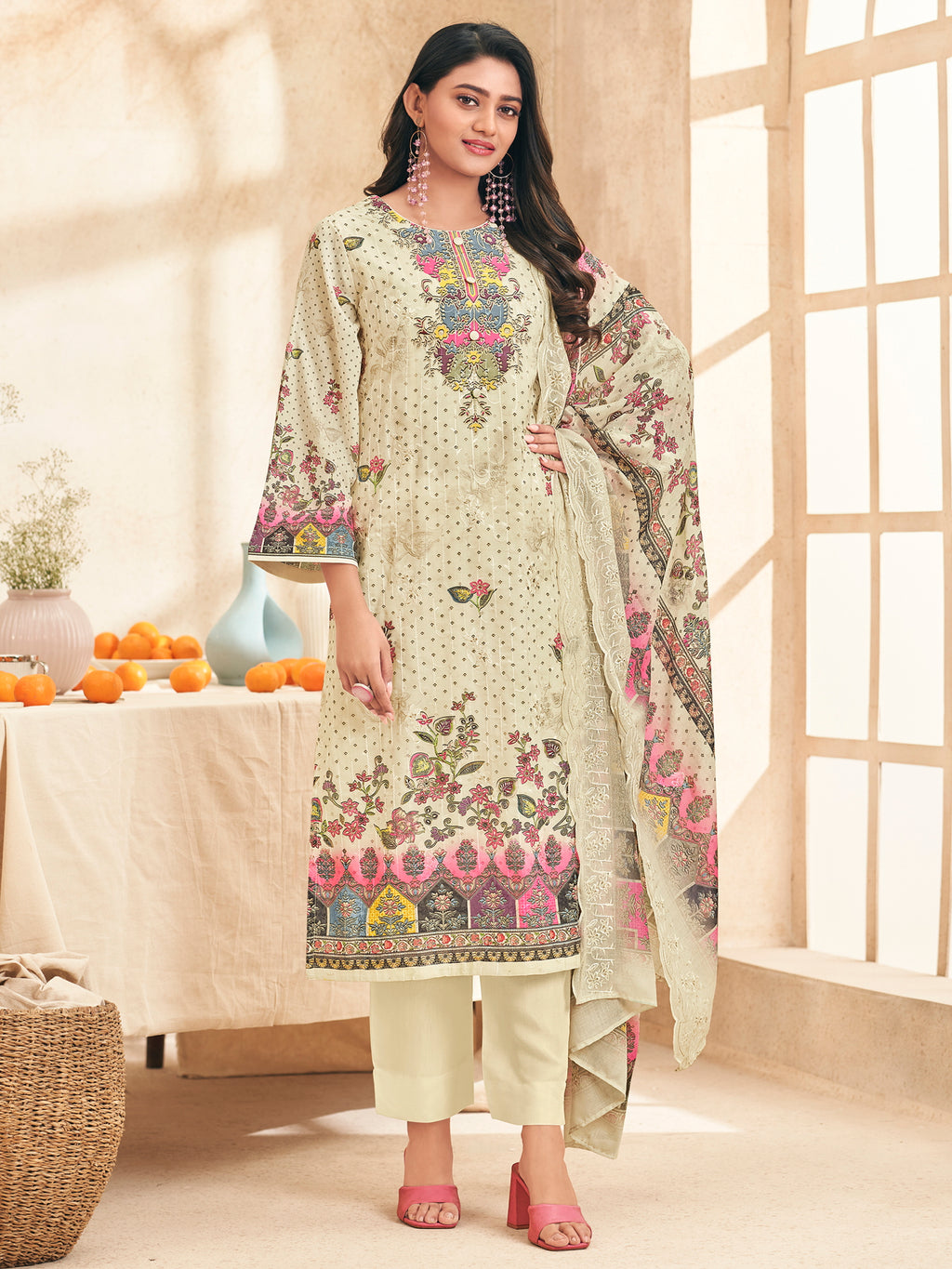 Cream Garden Symphony Designer Salwar Suit | Digital Floral Print with Resham & Jari Embroidery