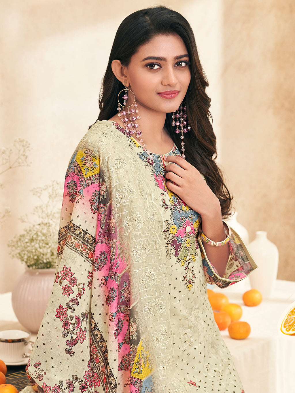 Cream Garden Symphony Designer Salwar Suit | Digital Floral Print with Resham & Jari Embroidery