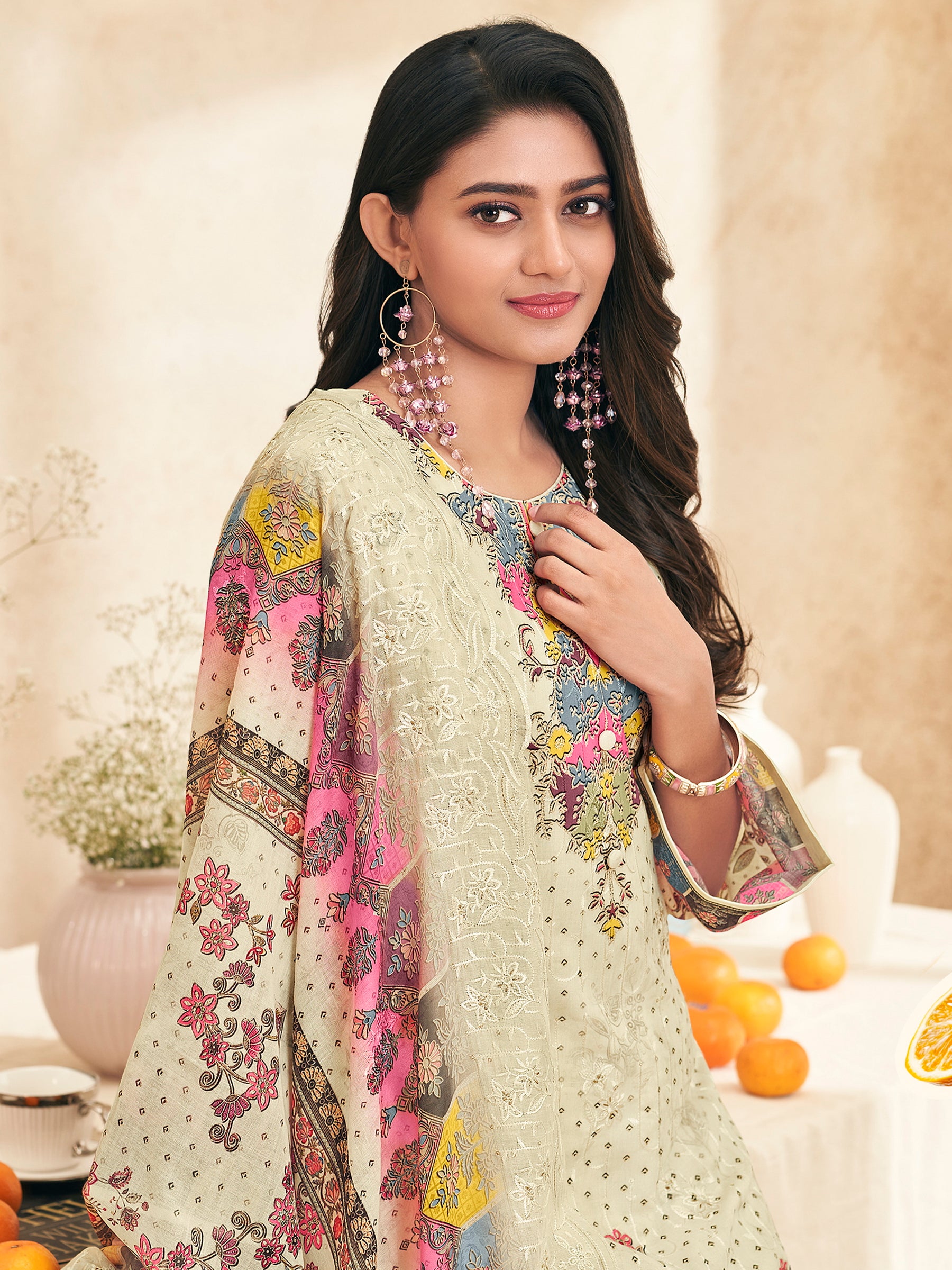 Cream Garden Symphony Designer Salwar Suit | Digital Floral Print with Resham & Jari Embroidery