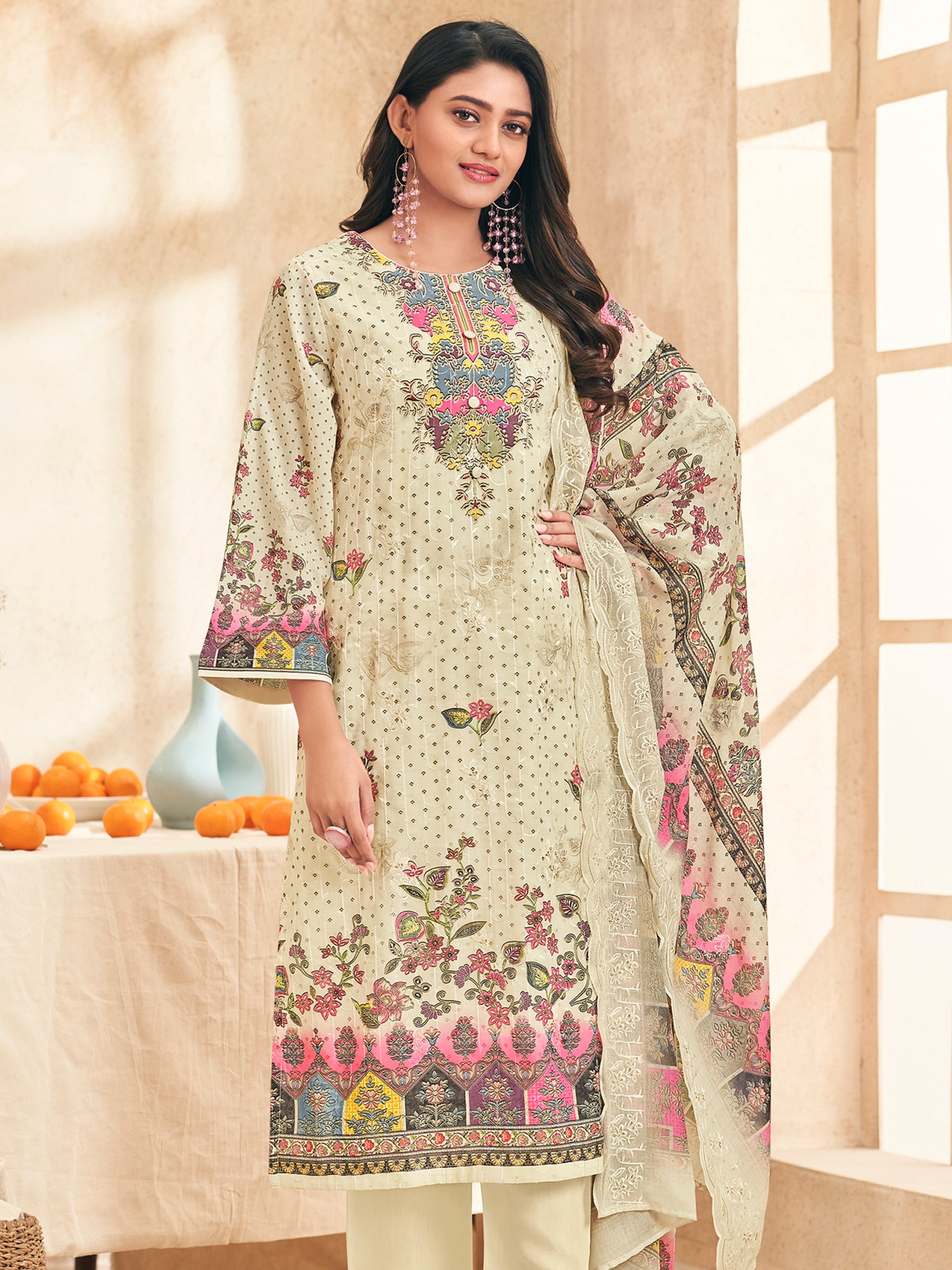 Cream Garden Symphony Designer Salwar Suit | Digital Floral Print with Resham & Jari Embroidery