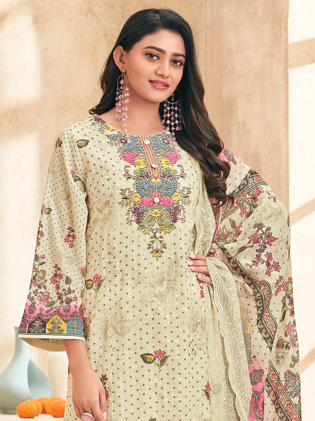 Cream Garden Symphony Designer Salwar Suit | Digital Floral Print with Resham & Jari Embroidery