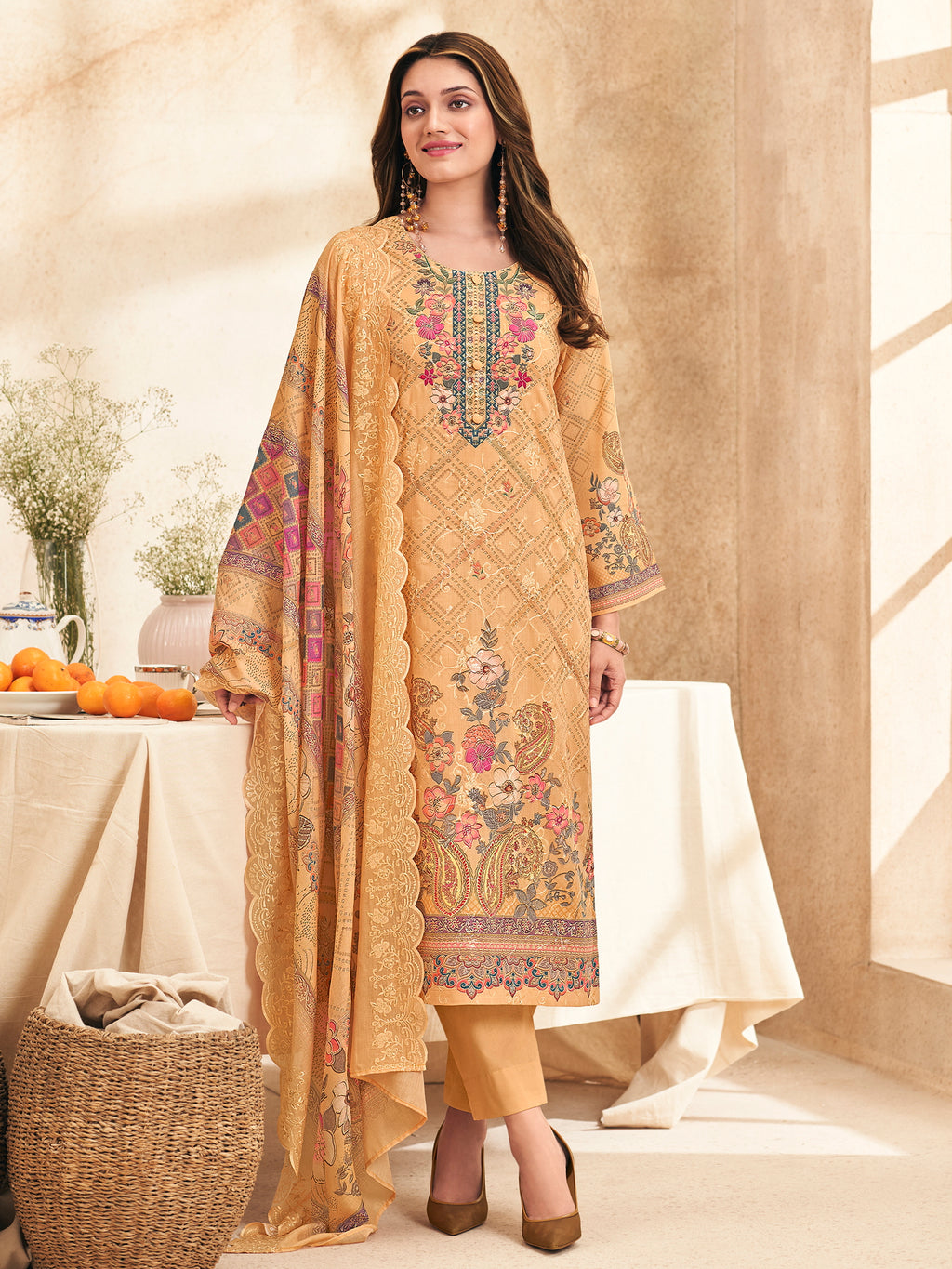 Peach Blossom Dreams Ethnic Suit Set | Digital Floral Print with Resham & Jari Embroidery