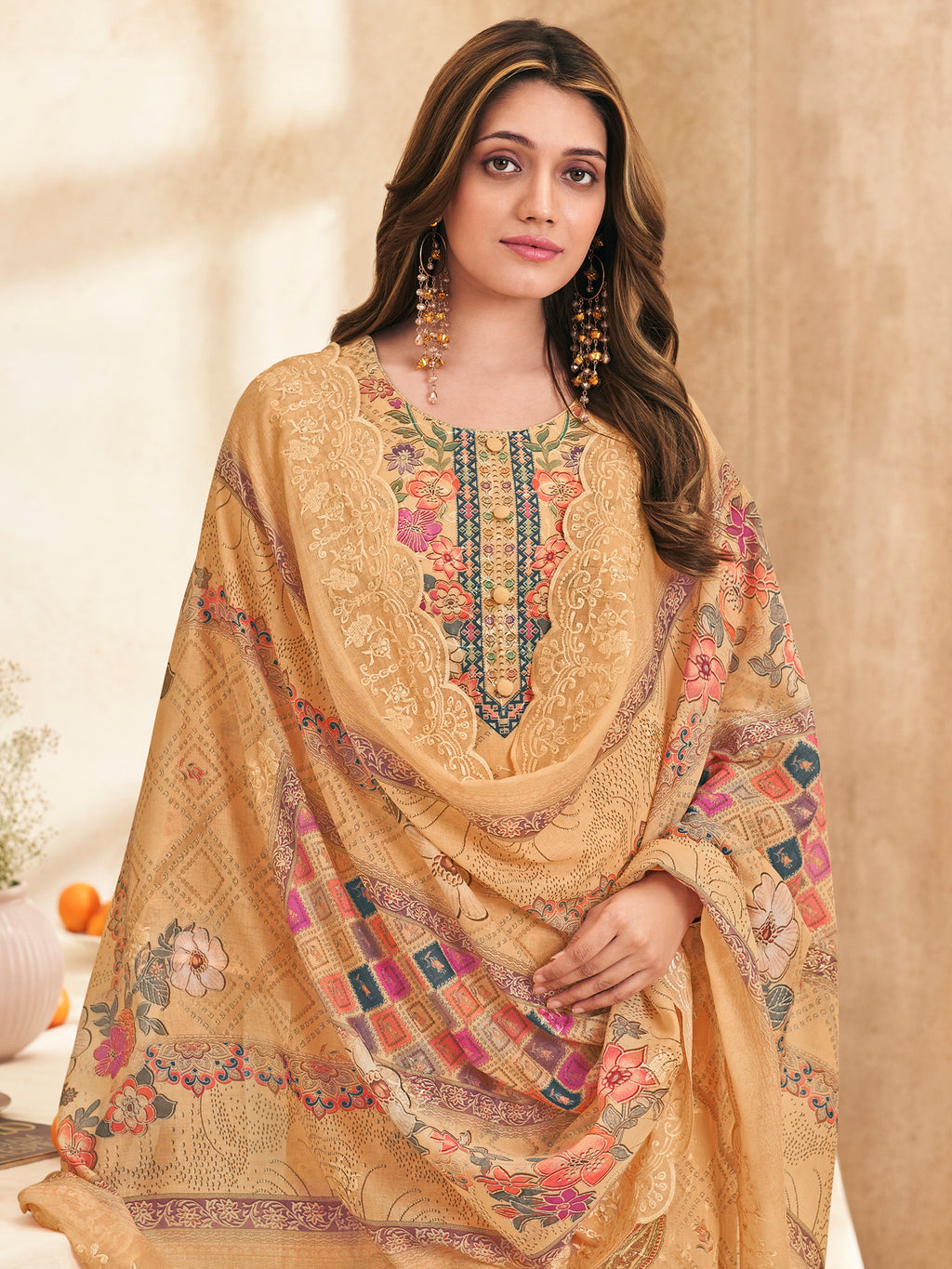 Peach Blossom Dreams Ethnic Suit Set | Digital Floral Print with Resham & Jari Embroidery