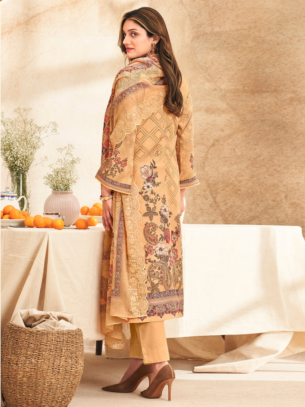 Peach Blossom Dreams Ethnic Suit Set | Digital Floral Print with Resham & Jari Embroidery