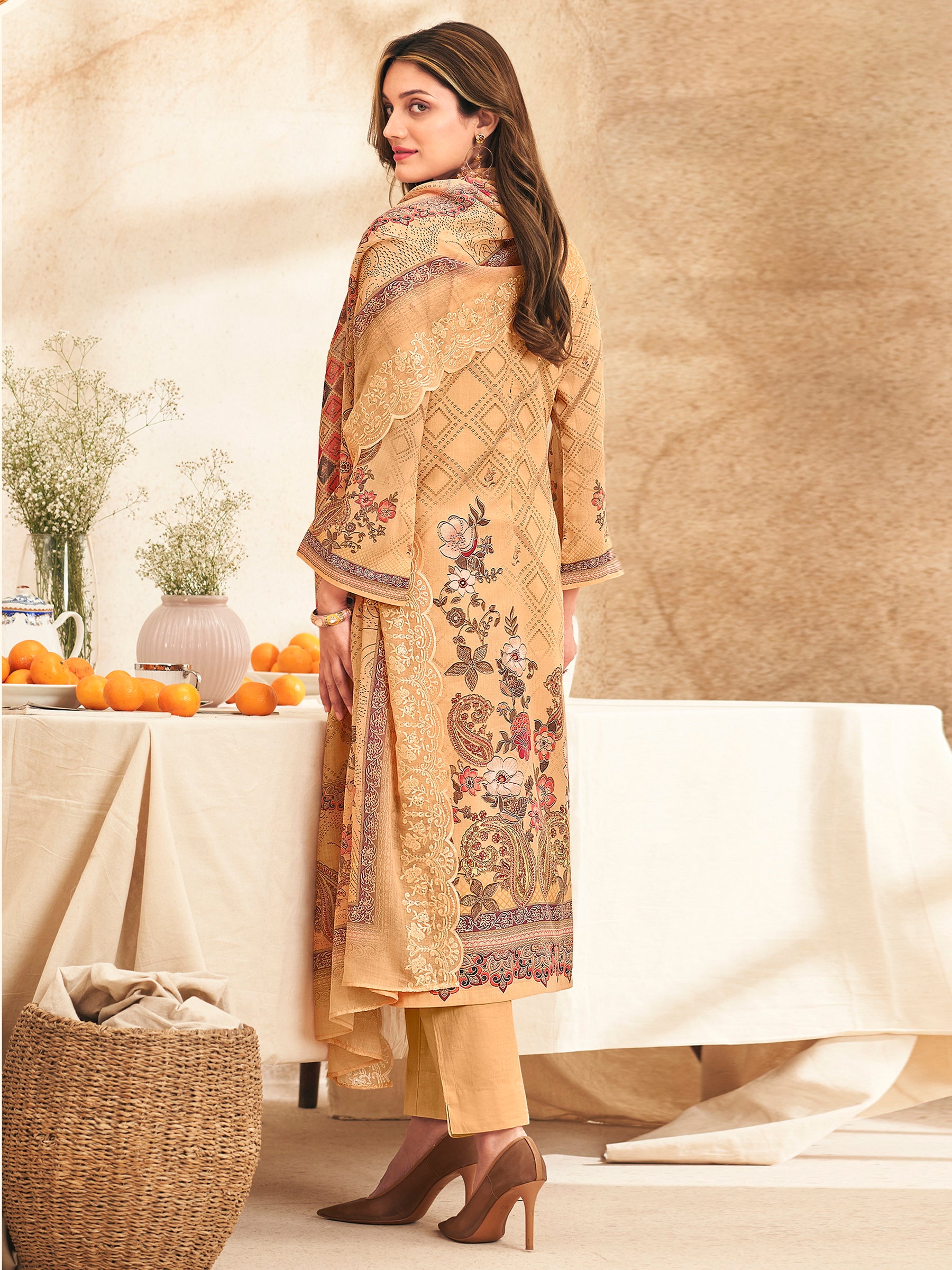 Peach Blossom Dreams Ethnic Suit Set | Digital Floral Print with Resham & Jari Embroidery