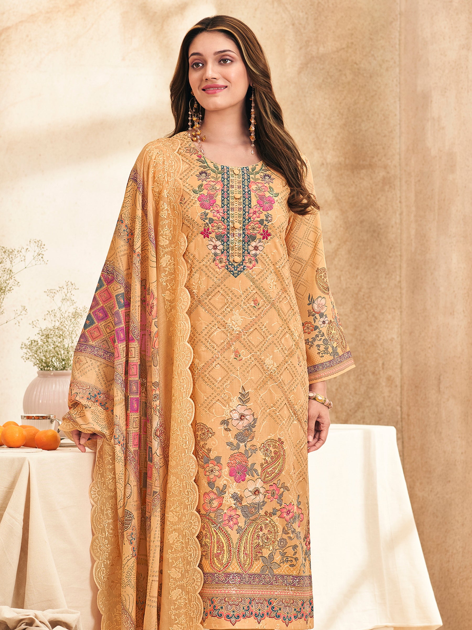 Peach Blossom Dreams Ethnic Suit Set | Digital Floral Print with Resham & Jari Embroidery