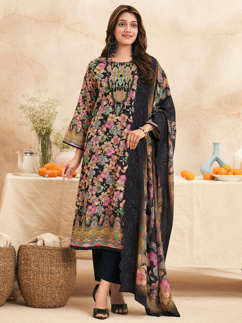 Midnight Garden Designer Suit | Multi-Floral Digital Print with Resham & Jari Embroidery