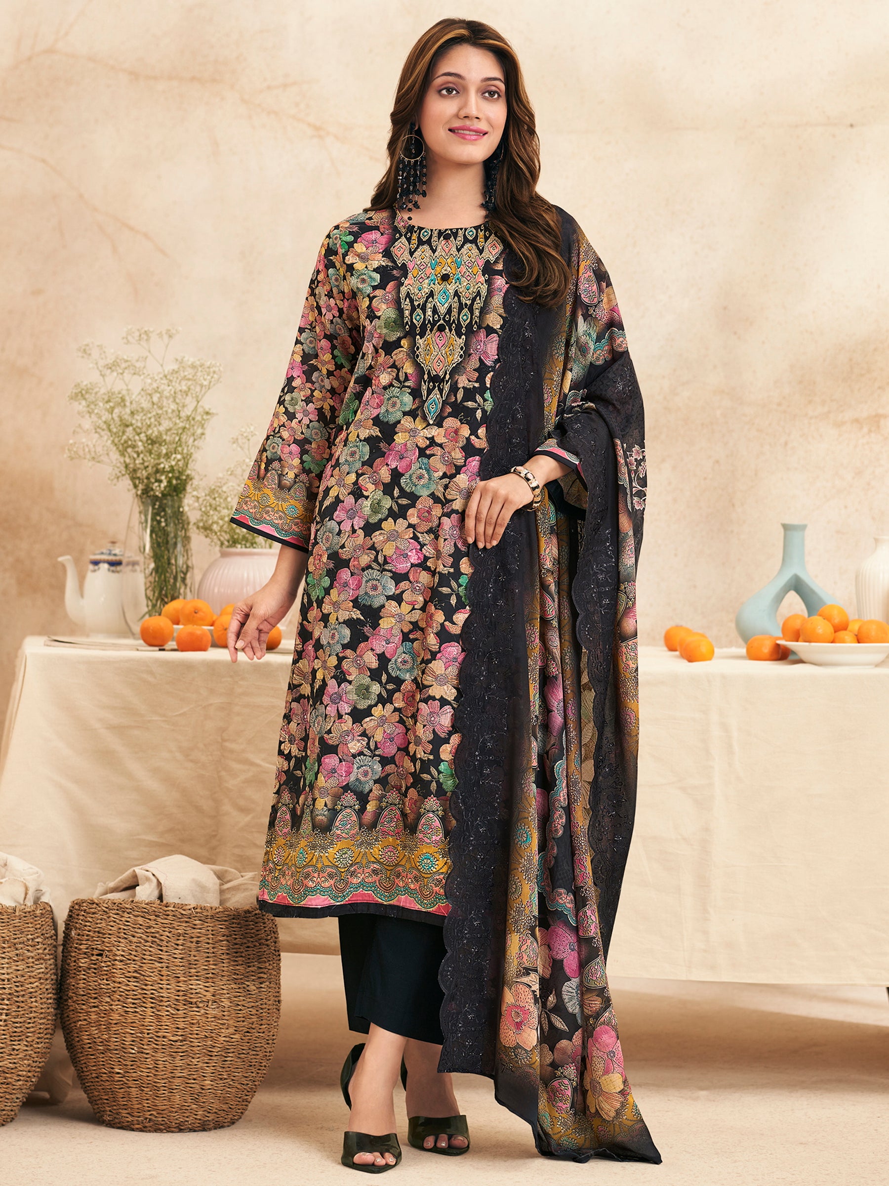 Midnight Garden Designer Suit | Multi-Floral Digital Print with Resham & Jari Embroidery