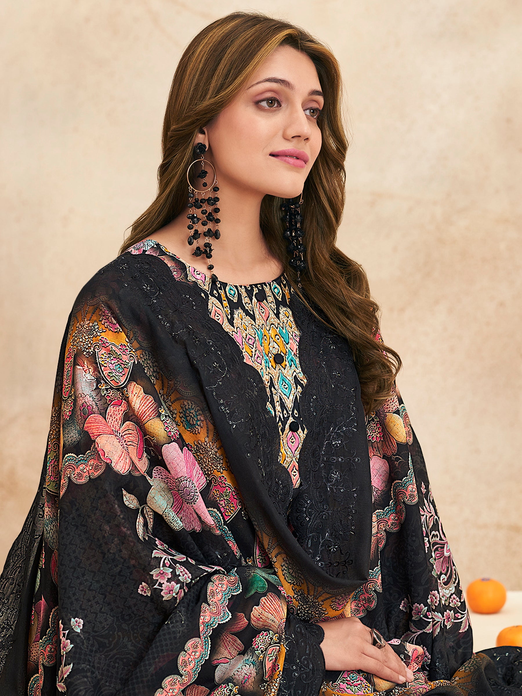 Midnight Garden Designer Suit | Multi-Floral Digital Print with Resham & Jari Embroidery