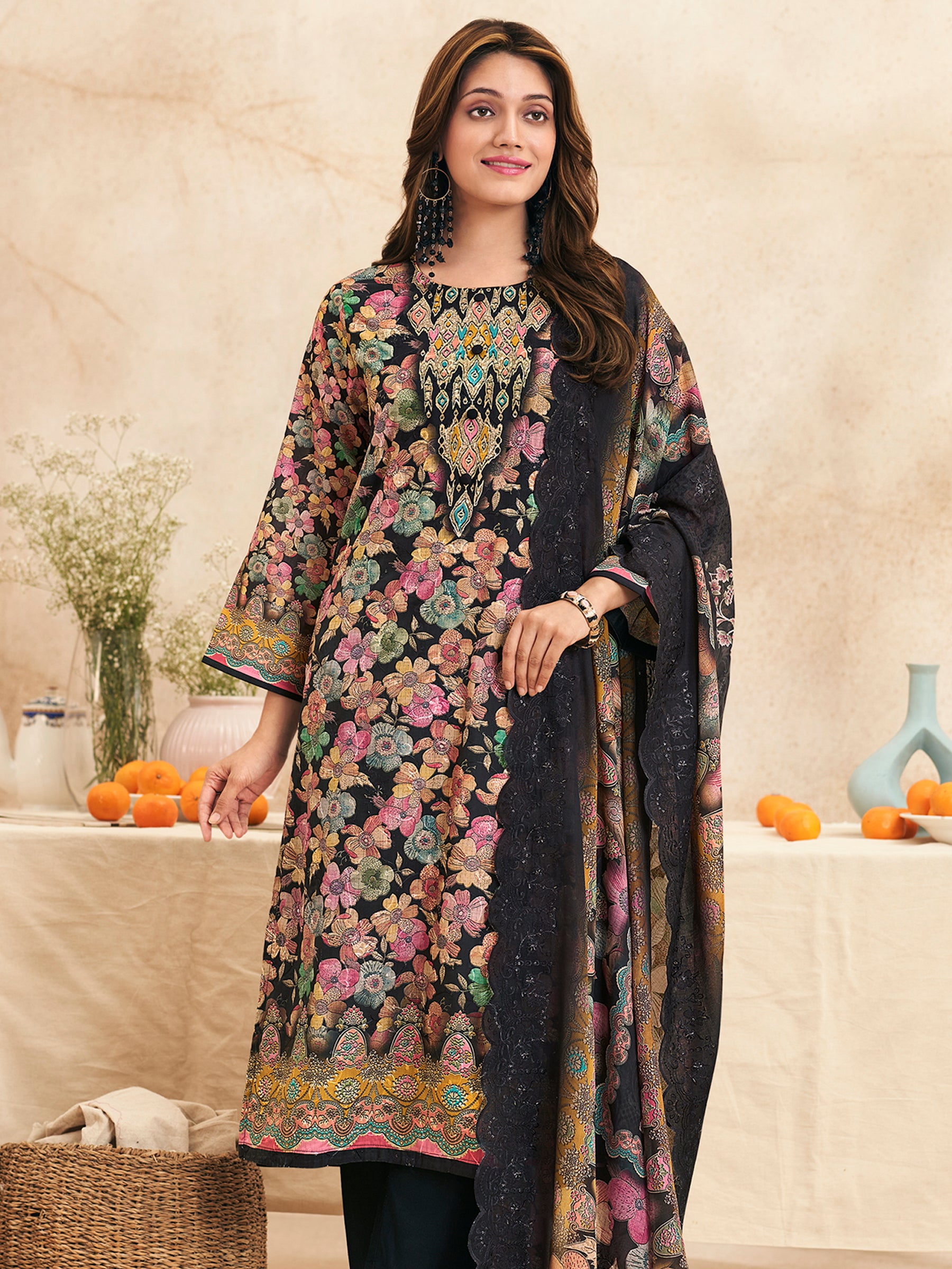 Midnight Garden Designer Suit | Multi-Floral Digital Print with Resham & Jari Embroidery