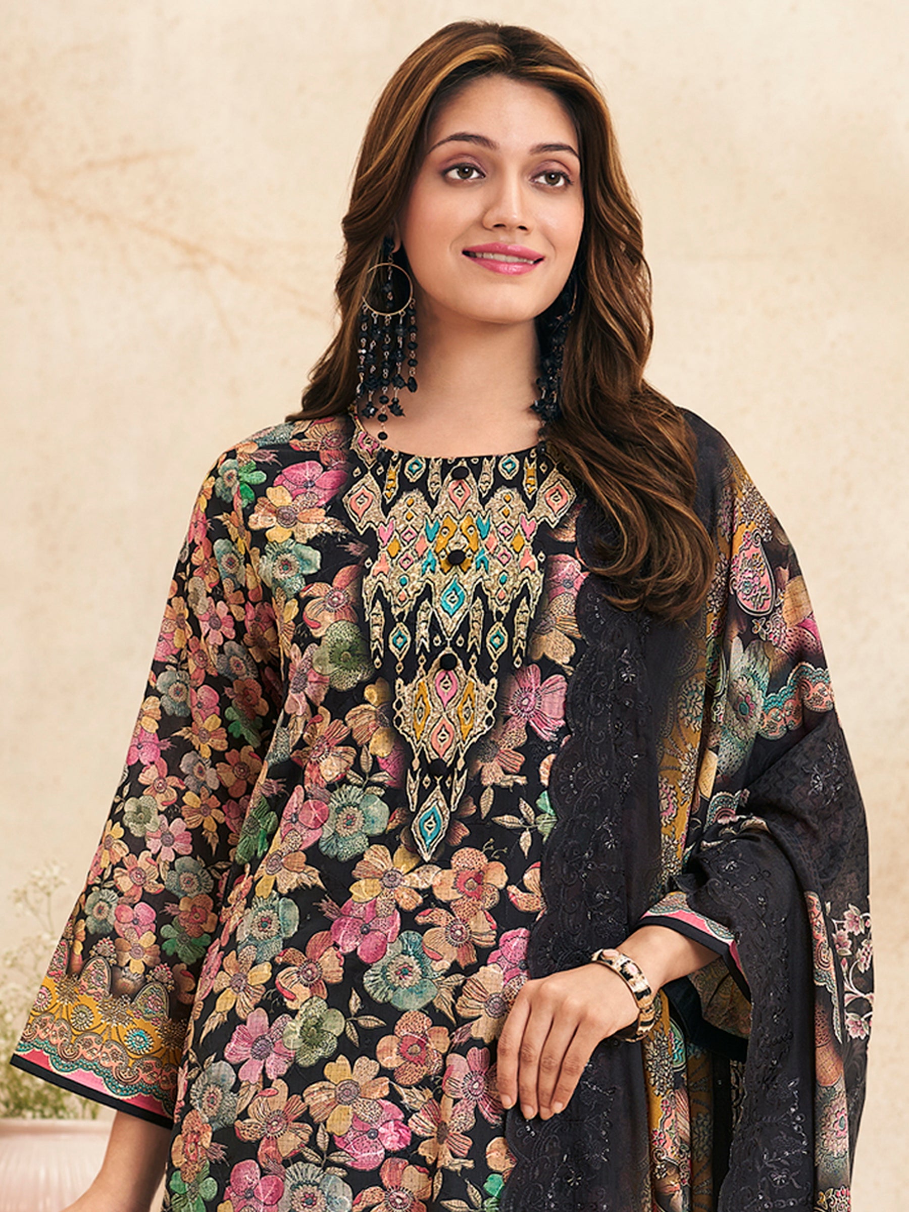 Midnight Garden Designer Suit | Multi-Floral Digital Print with Resham & Jari Embroidery