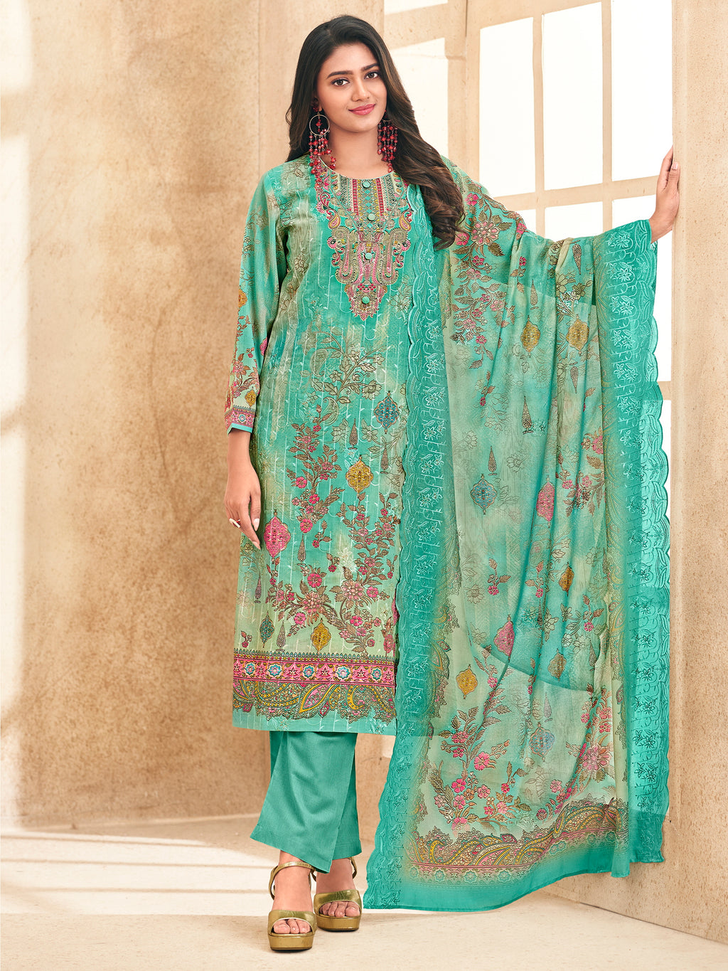 Ocean Breeze Ethnic Suit Set | Digital Floral Print with Resham & Jari Embroidery