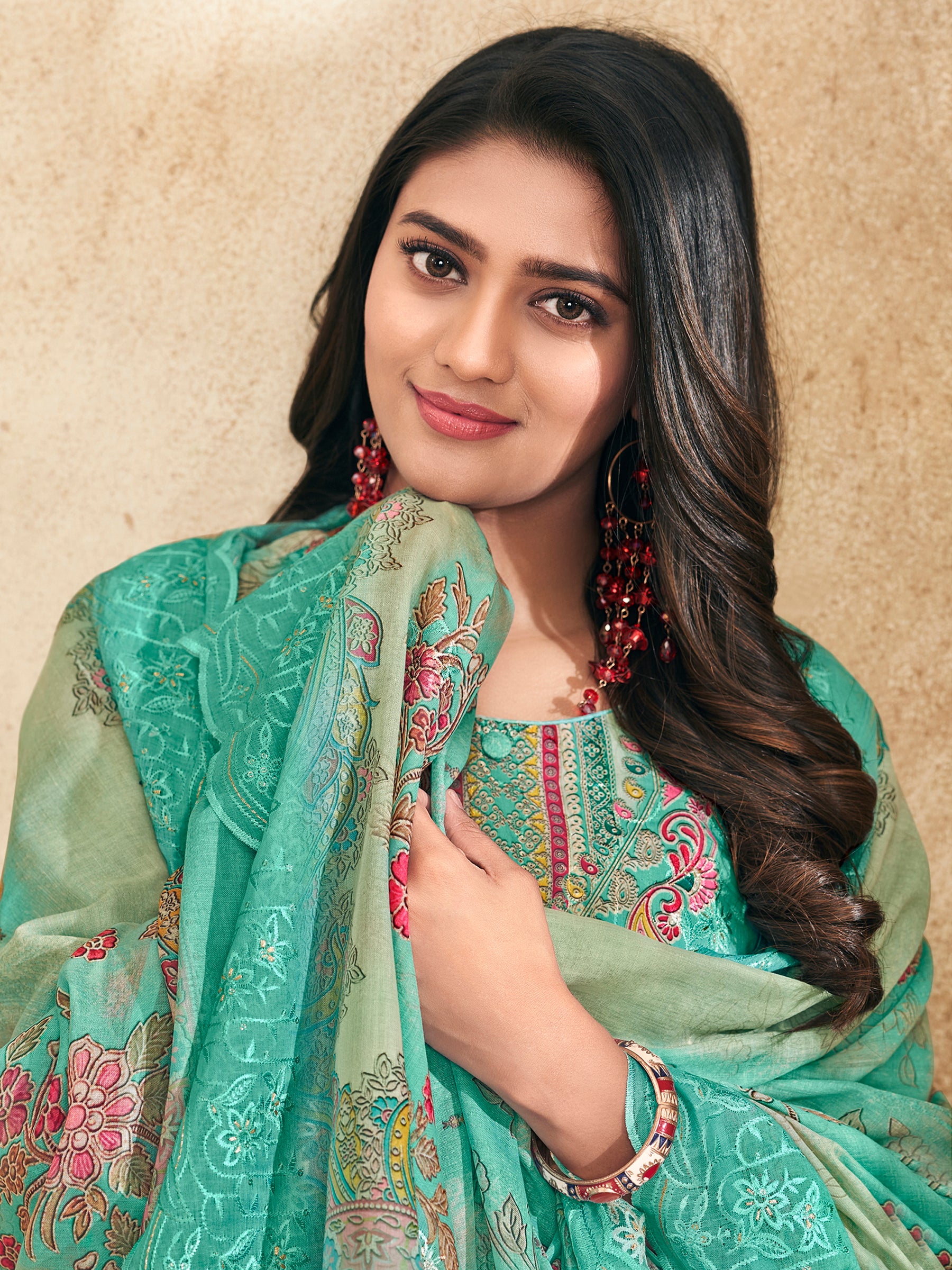 Ocean Breeze Ethnic Suit Set | Digital Floral Print with Resham & Jari Embroidery