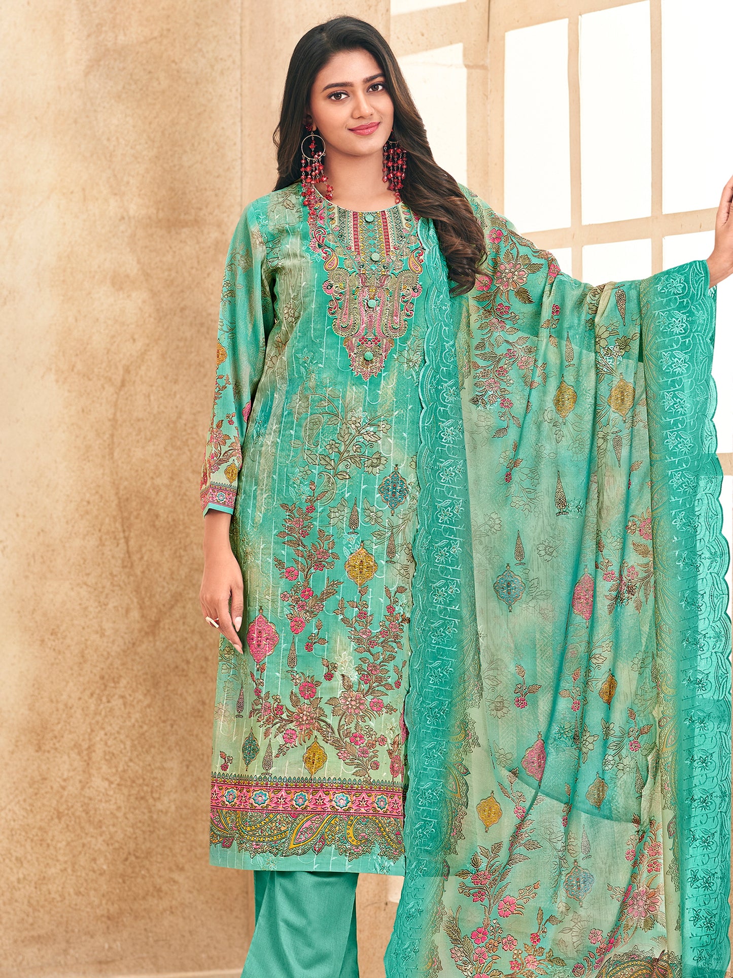 Ocean Breeze Ethnic Suit Set | Digital Floral Print with Resham & Jari Embroidery