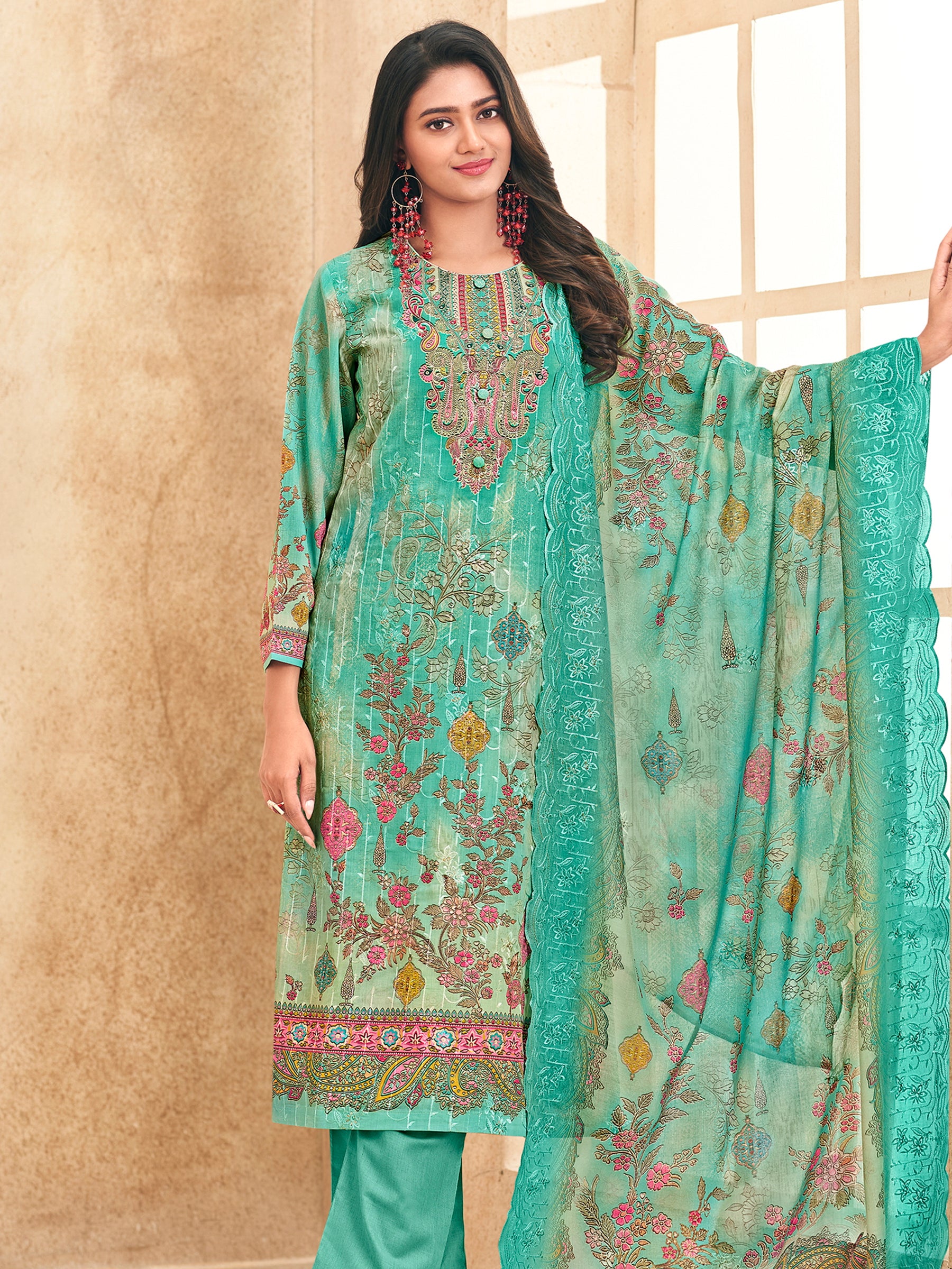 Ocean Breeze Ethnic Suit Set | Digital Floral Print with Resham & Jari Embroidery