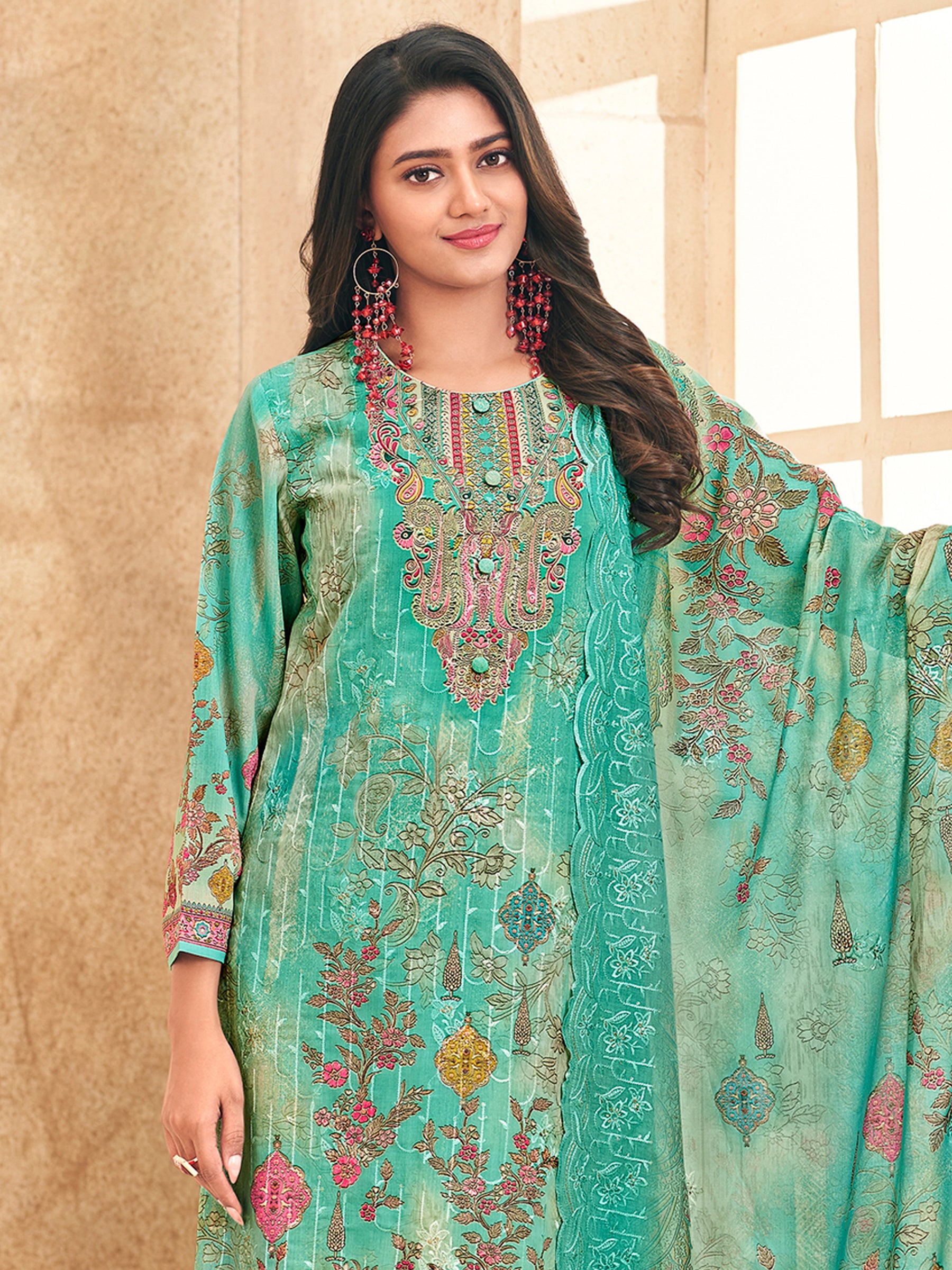 Ocean Breeze Ethnic Suit Set | Digital Floral Print with Resham & Jari Embroidery