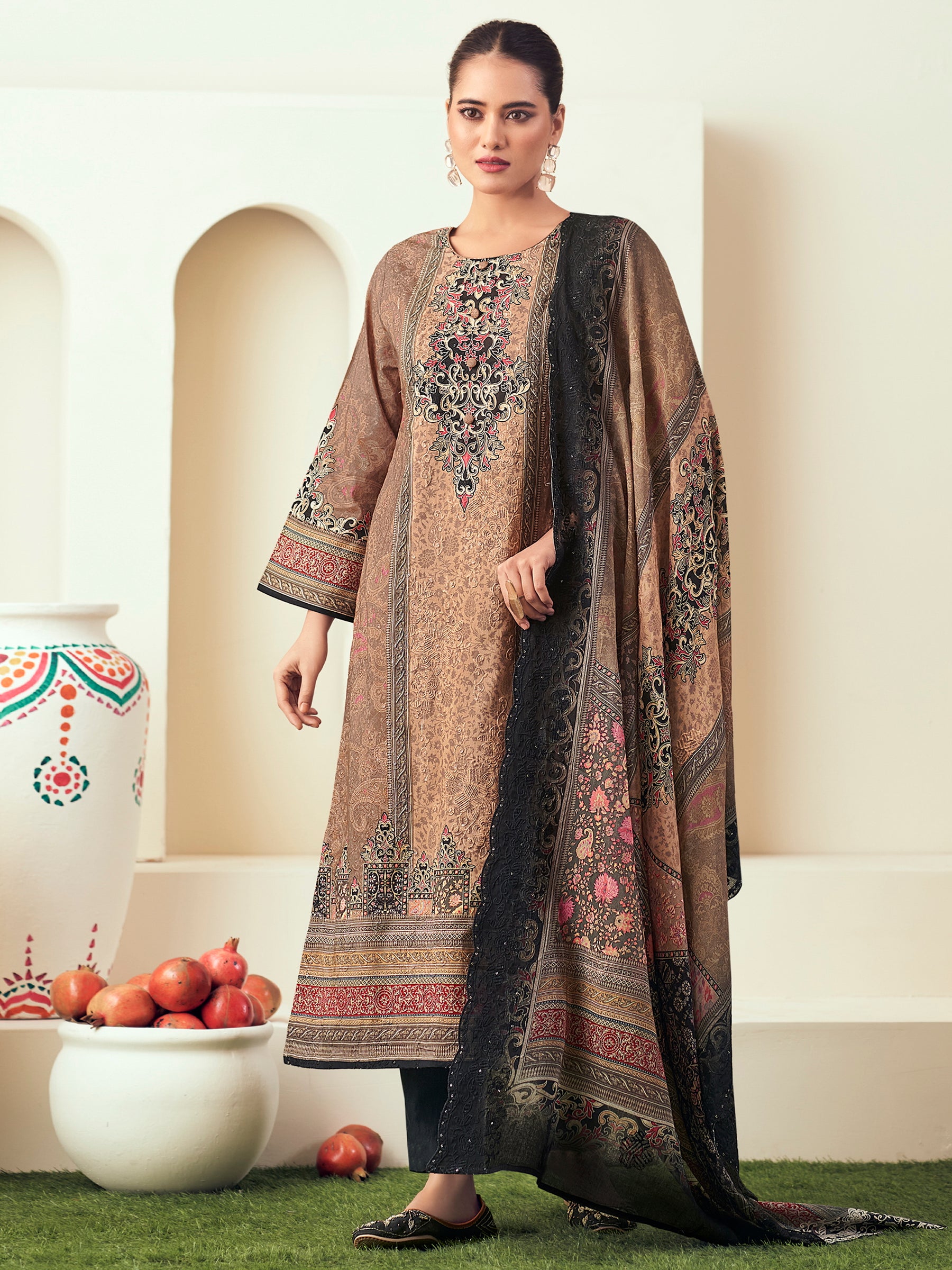Autumn Earth Designer Dress Material | Floral Digital Print with Resham & Sequin Embroidery