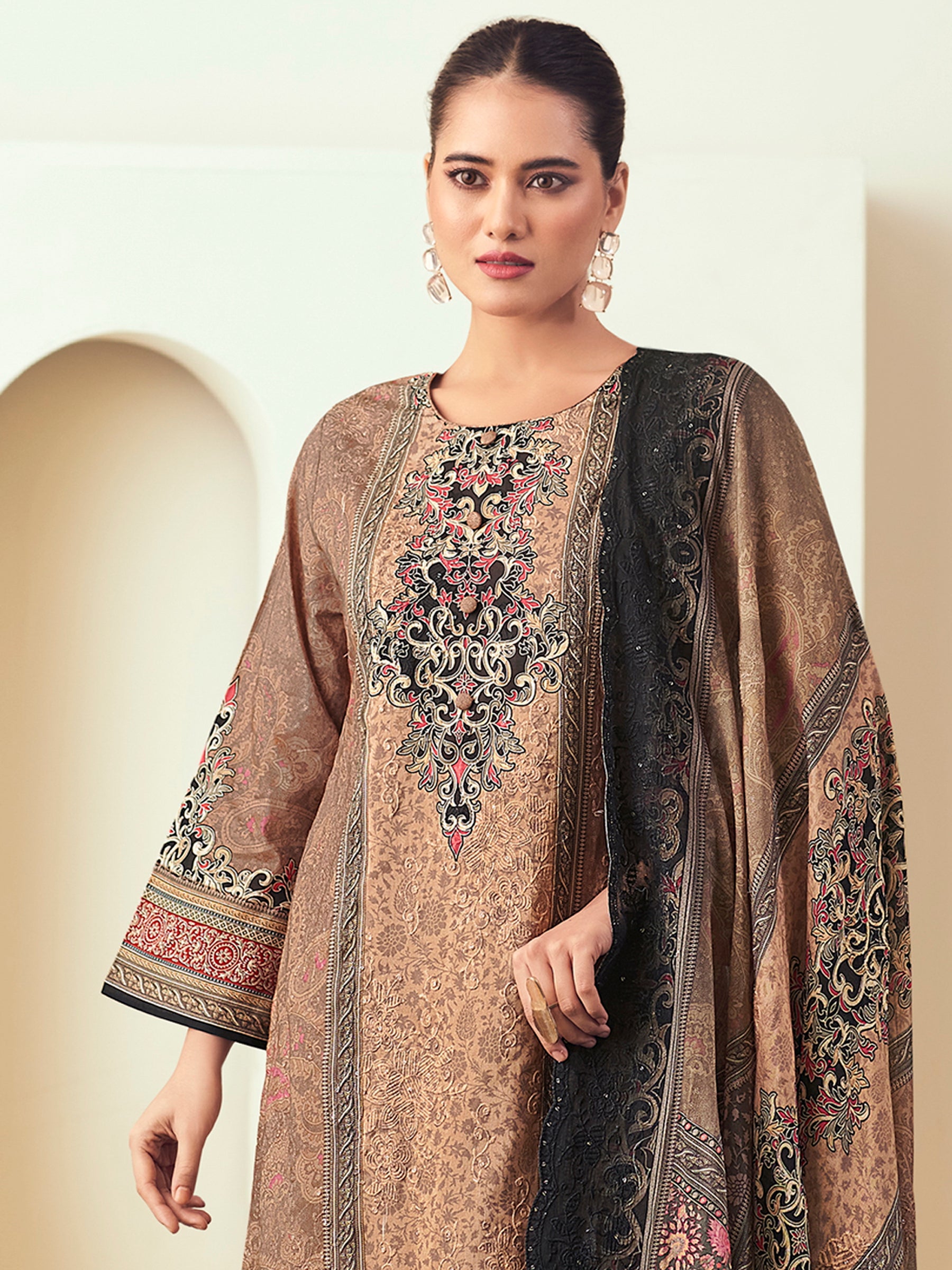 Autumn Earth Designer Dress Material | Floral Digital Print with Resham & Sequin Embroidery
