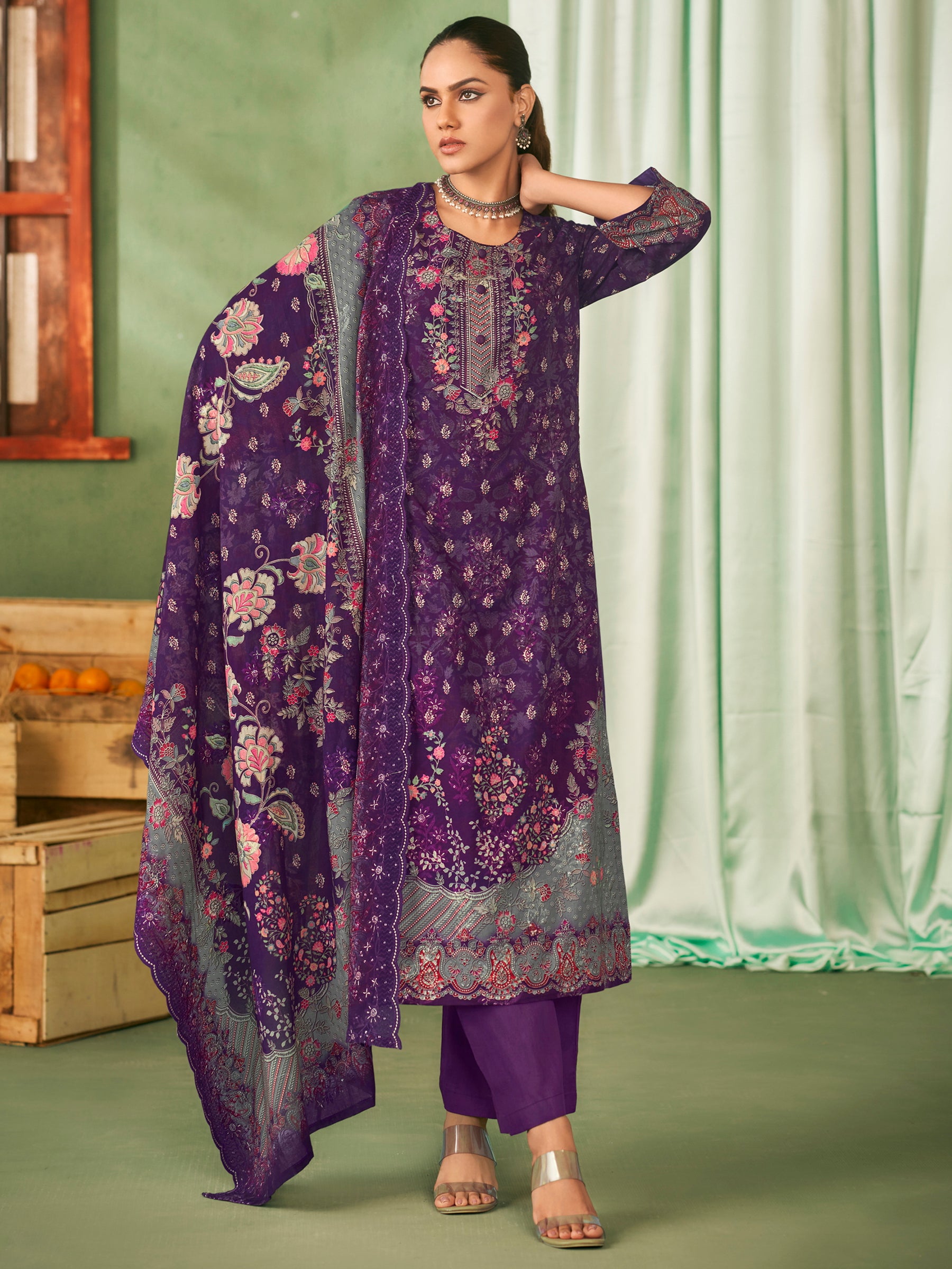 Royal Twilight Designer Dress Material | Floral Digital Print with Resham & Sequin Embroidery