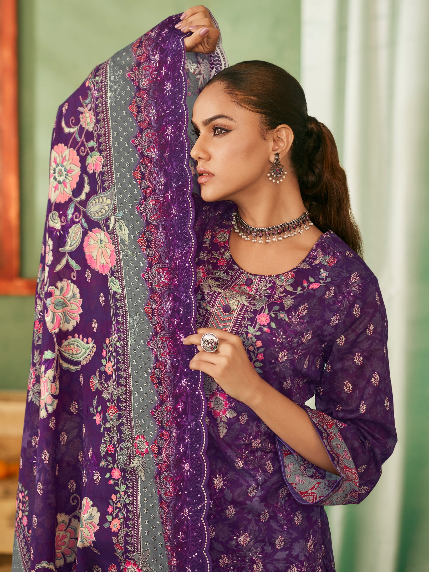 Royal Twilight Designer Dress Material | Floral Digital Print with Resham & Sequin Embroidery