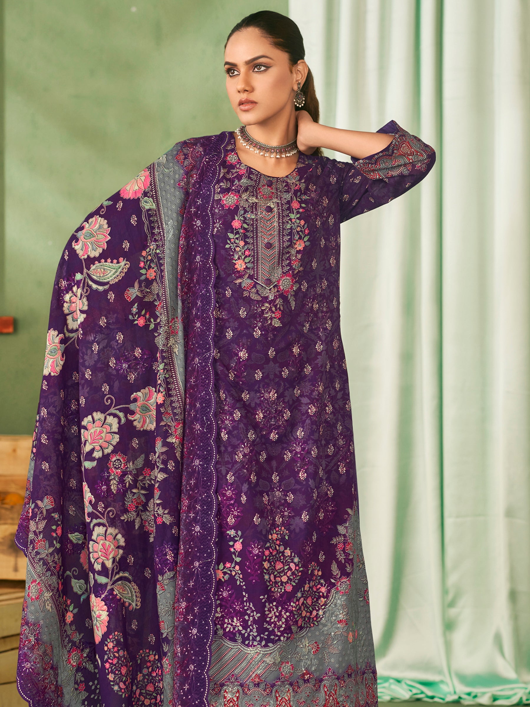 Royal Twilight Designer Dress Material | Floral Digital Print with Resham & Sequin Embroidery