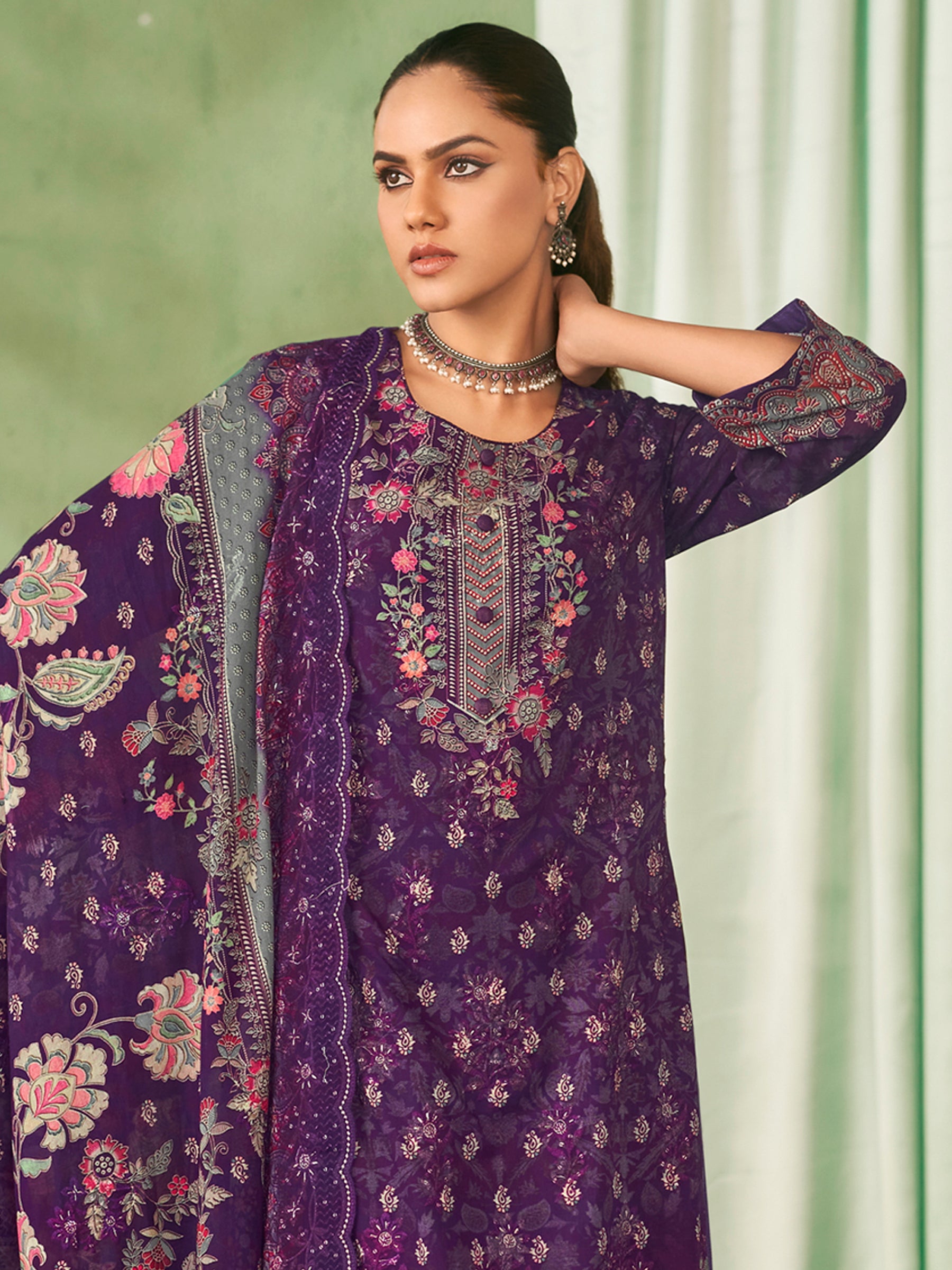 Royal Twilight Designer Dress Material | Floral Digital Print with Resham & Sequin Embroidery