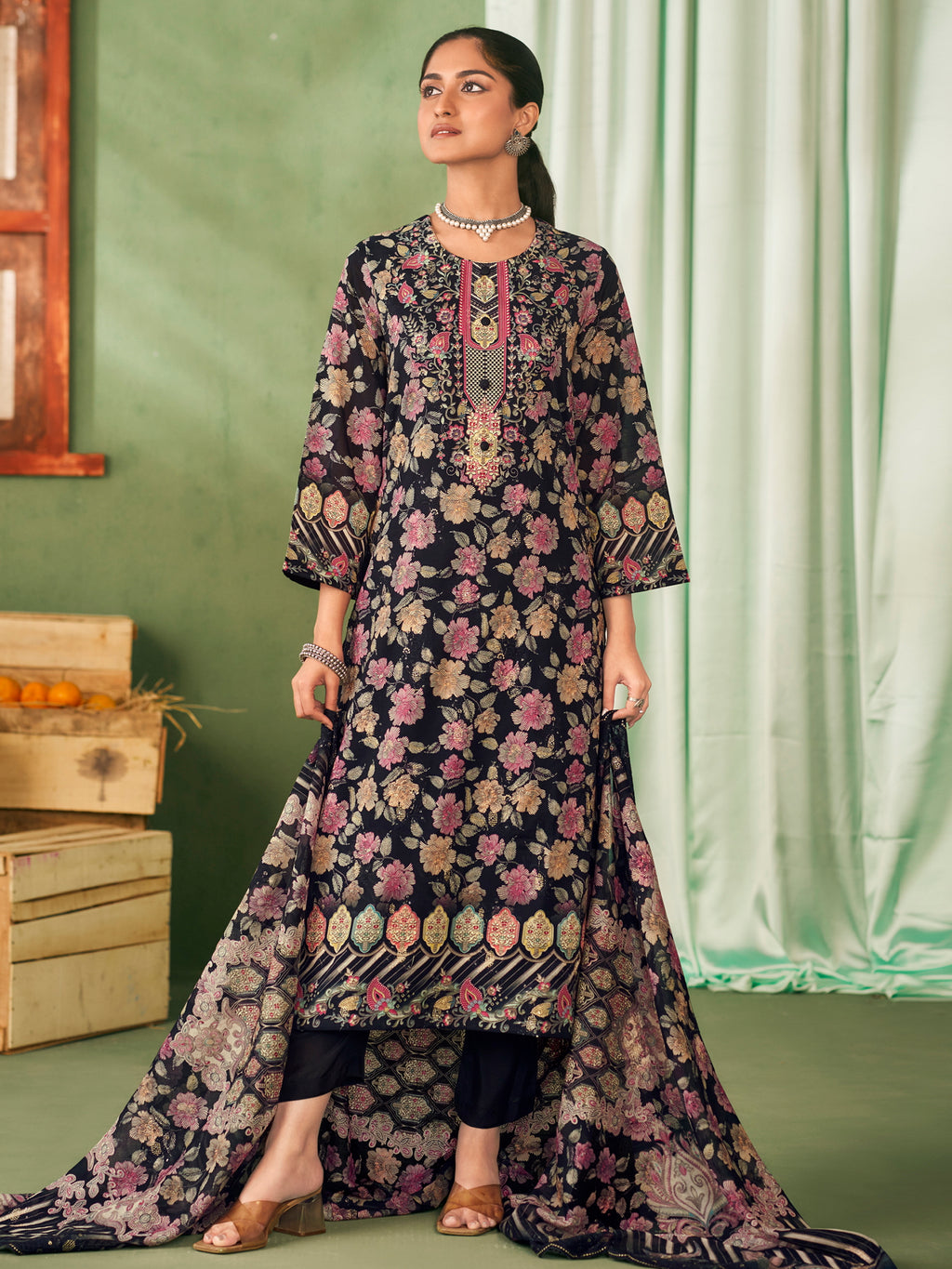 Midnight Elegance Designer Dress Material | Floral Digital Print with Resham & Sequin Embroidery