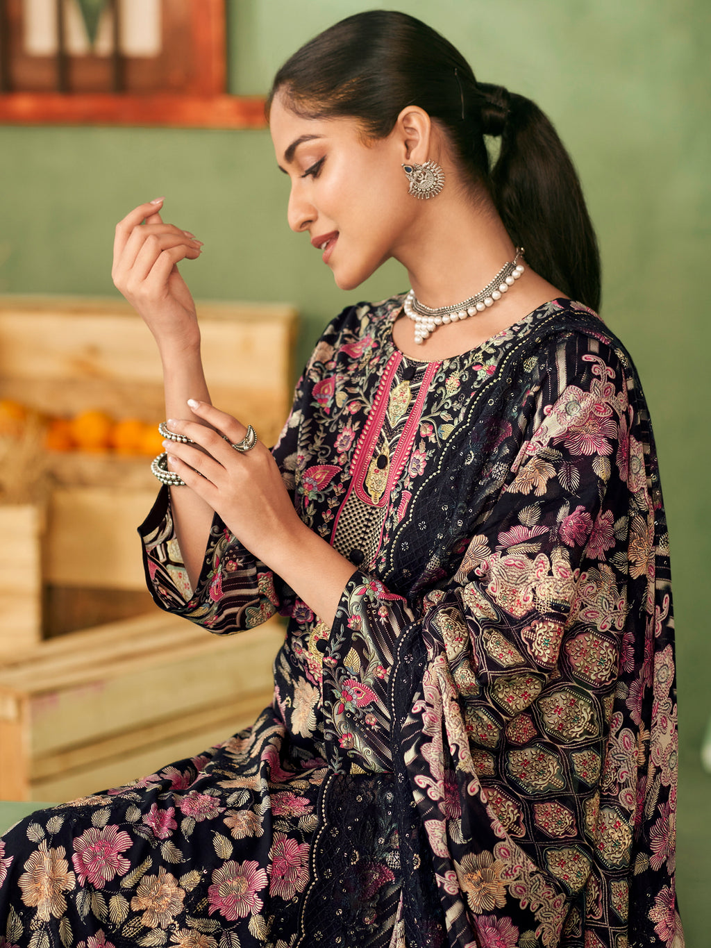 Midnight Elegance Designer Dress Material | Floral Digital Print with Resham & Sequin Embroidery