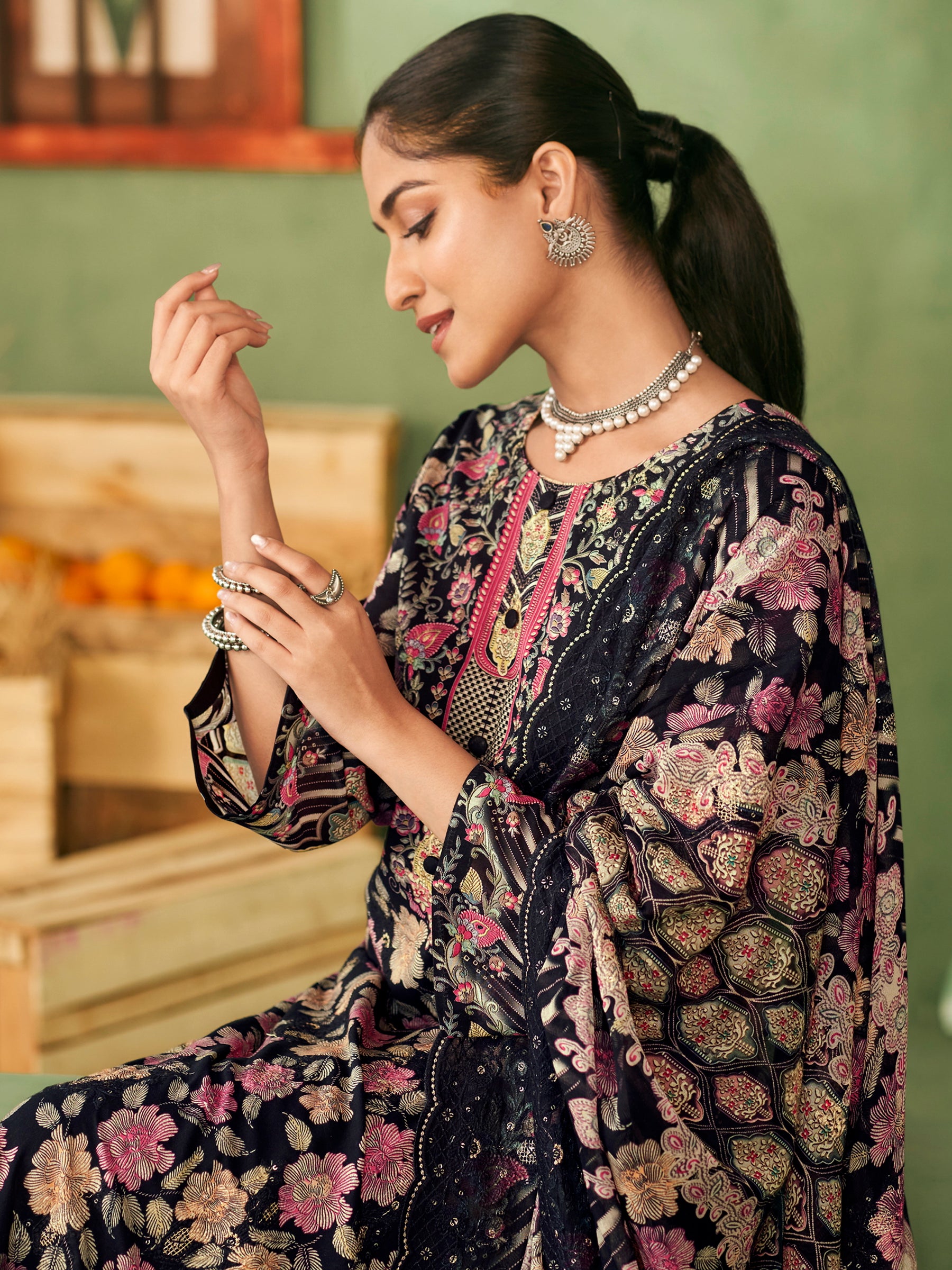 Midnight Elegance Designer Dress Material | Floral Digital Print with Resham & Sequin Embroidery