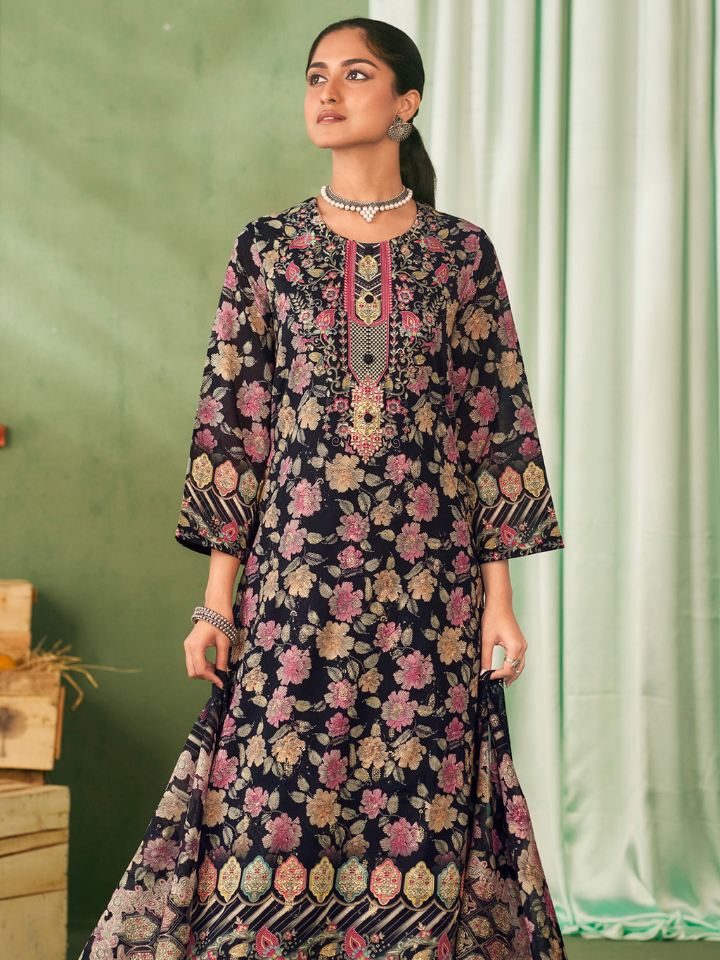 Midnight Elegance Designer Dress Material | Floral Digital Print with Resham & Sequin Embroidery