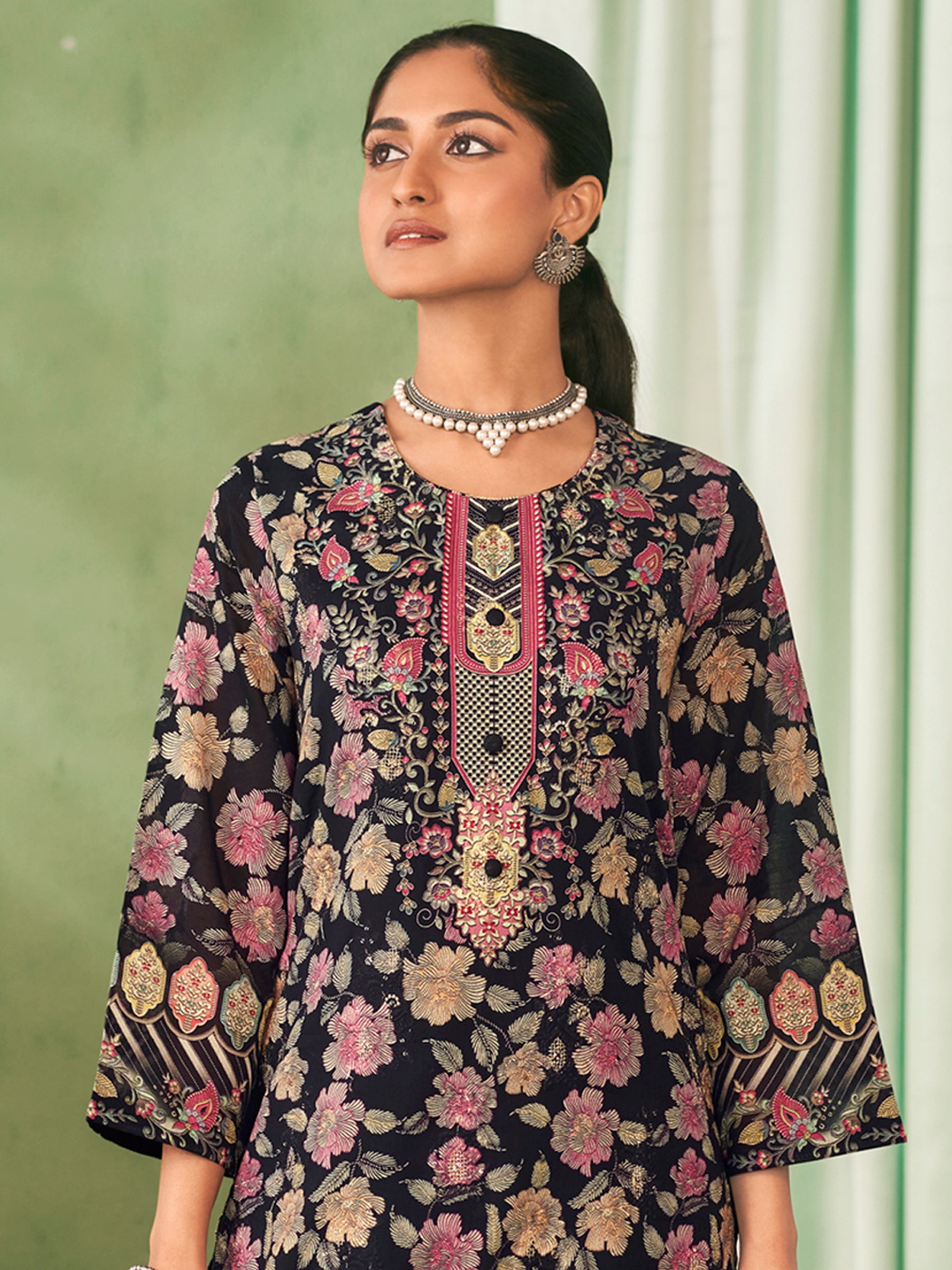 Midnight Elegance Designer Dress Material | Floral Digital Print with Resham & Sequin Embroidery
