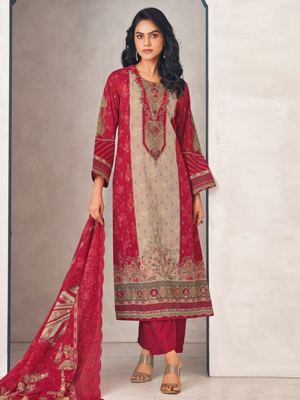 Festival Rainbow Designer Dress Material | Floral Digital Print with Resham & Sequin Embroidery