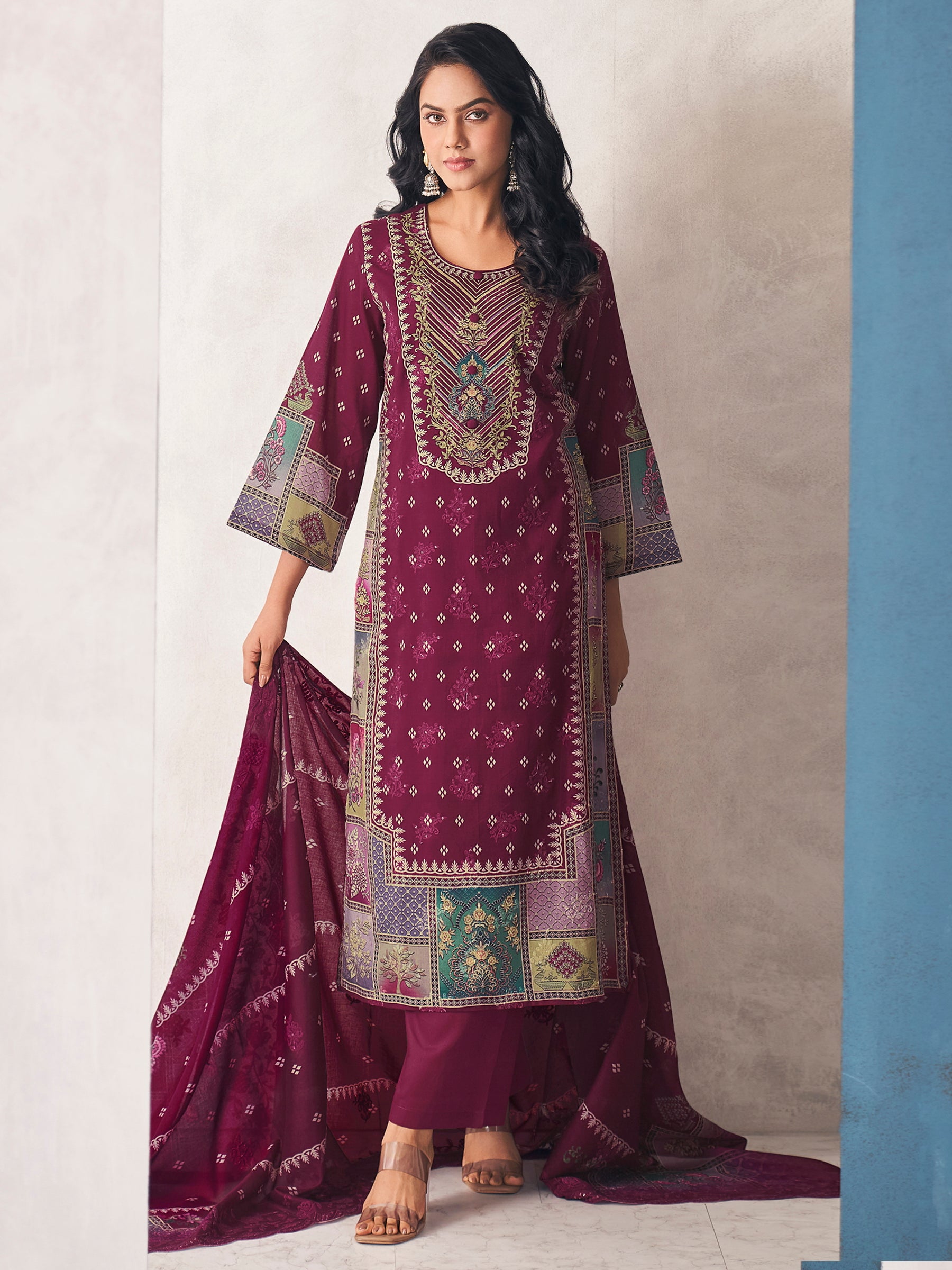 Wine Heritage Designer Dress Material | Floral Digital Print with Resham & Sequin Embroidery