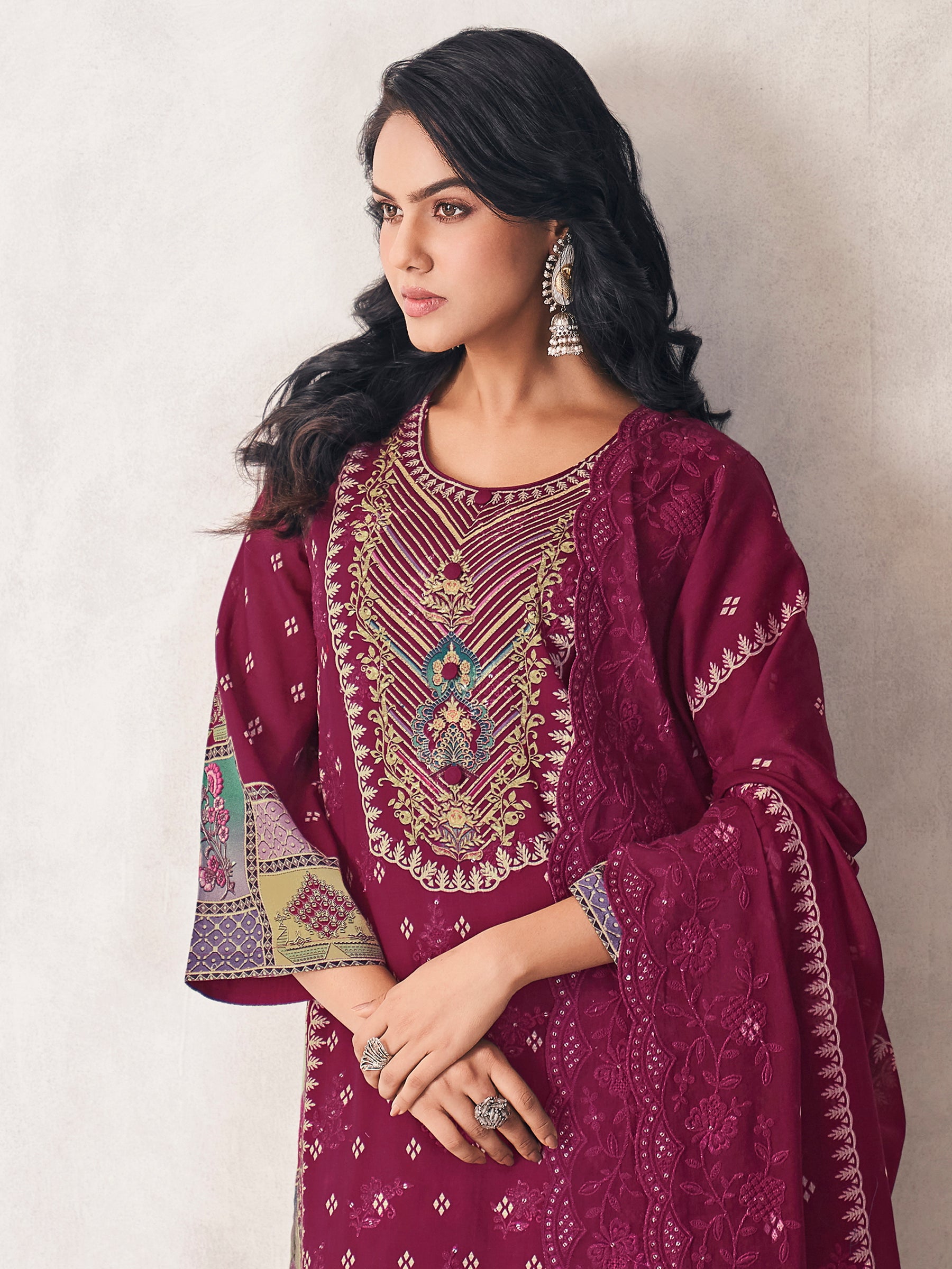 Wine Heritage Designer Dress Material | Floral Digital Print with Resham & Sequin Embroidery