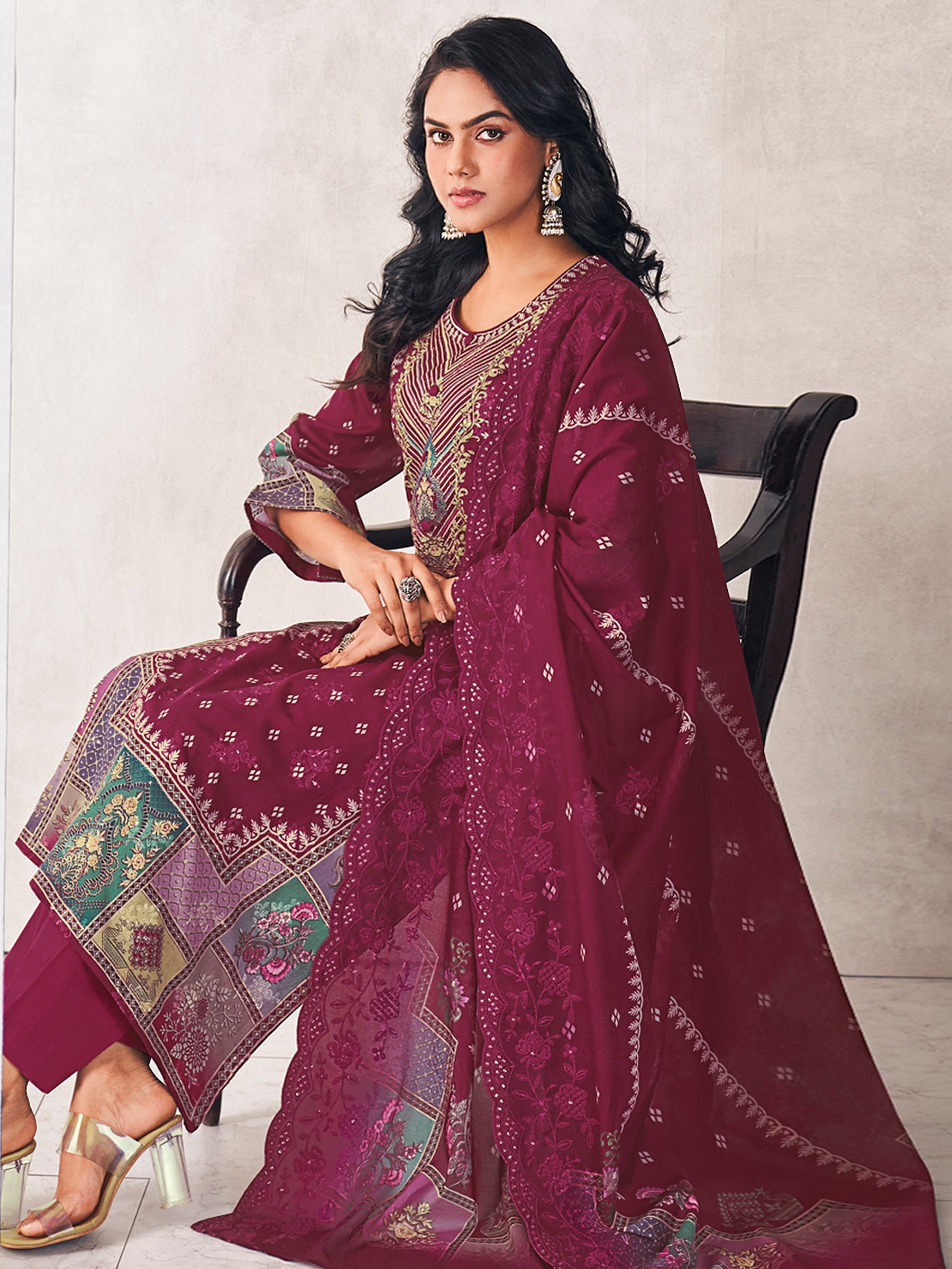 Wine Heritage Designer Dress Material | Floral Digital Print with Resham & Sequin Embroidery