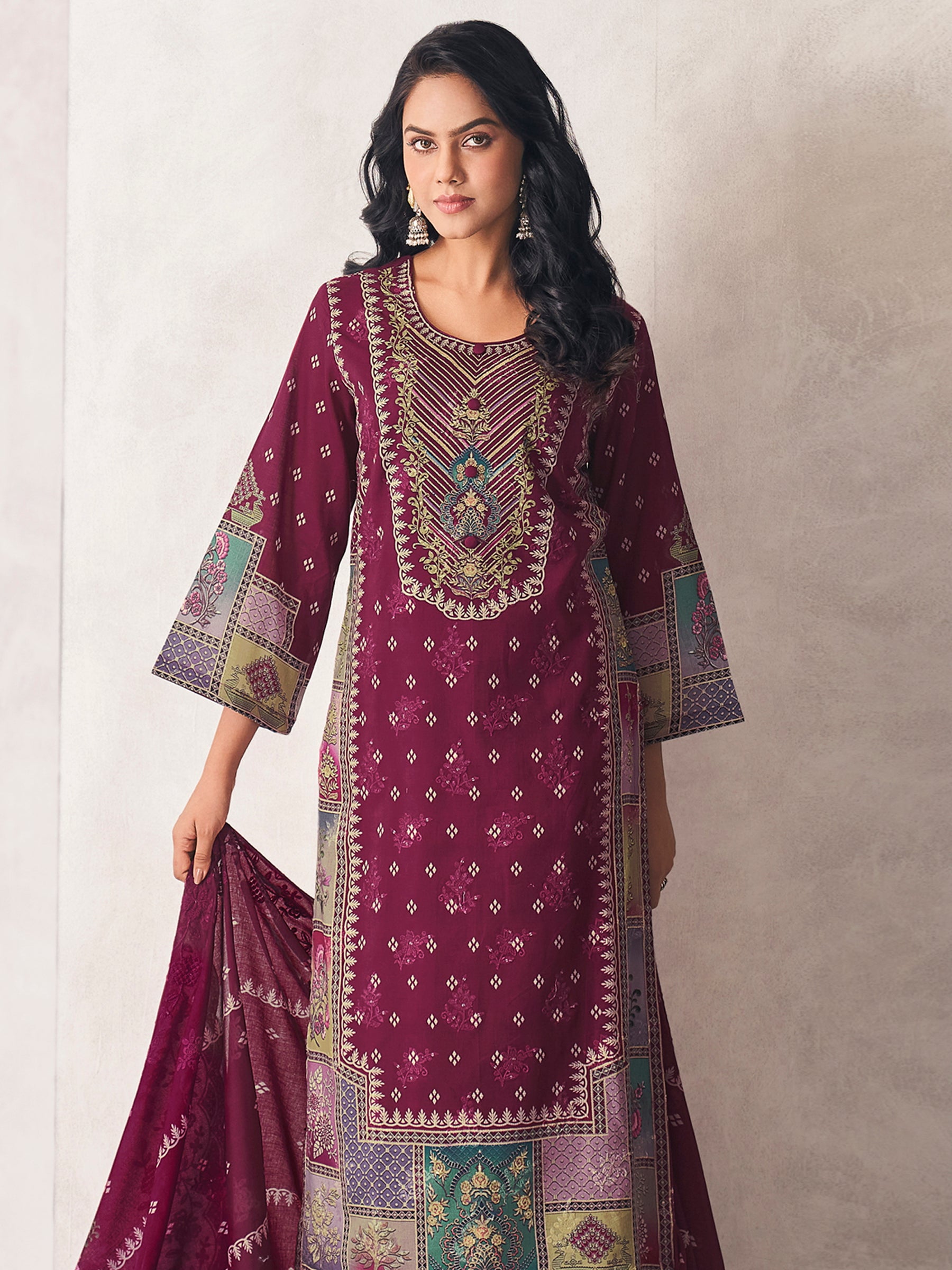 Wine Heritage Designer Dress Material | Floral Digital Print with Resham & Sequin Embroidery