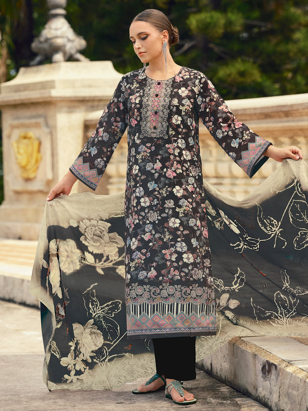 Midnight Black Lawn Cotton Dress Material | Floral Digital Print with Resham Thread & Cut Work