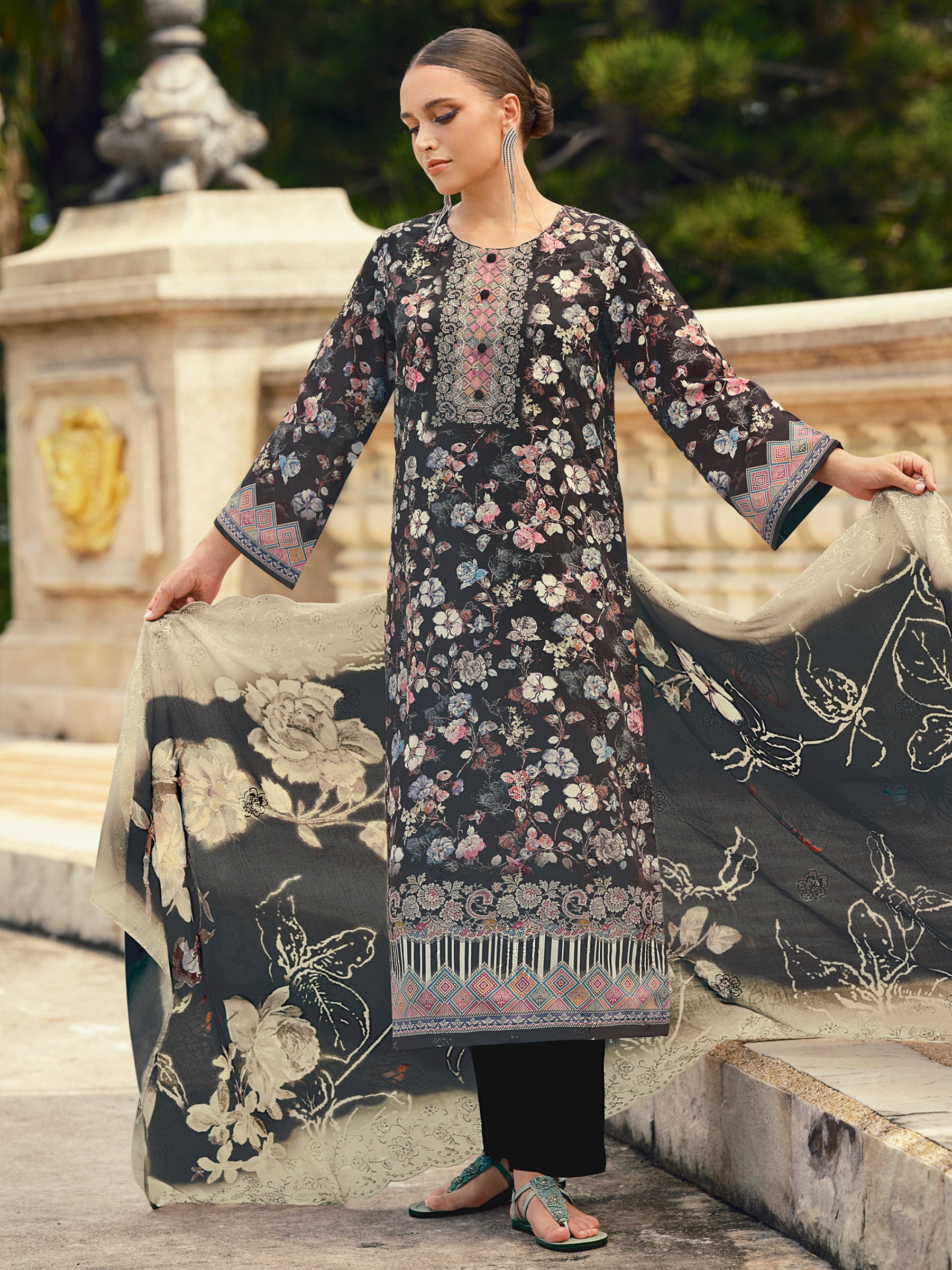 Midnight Black Lawn Cotton Dress Material | Floral Digital Print with Resham Thread & Cut Work
