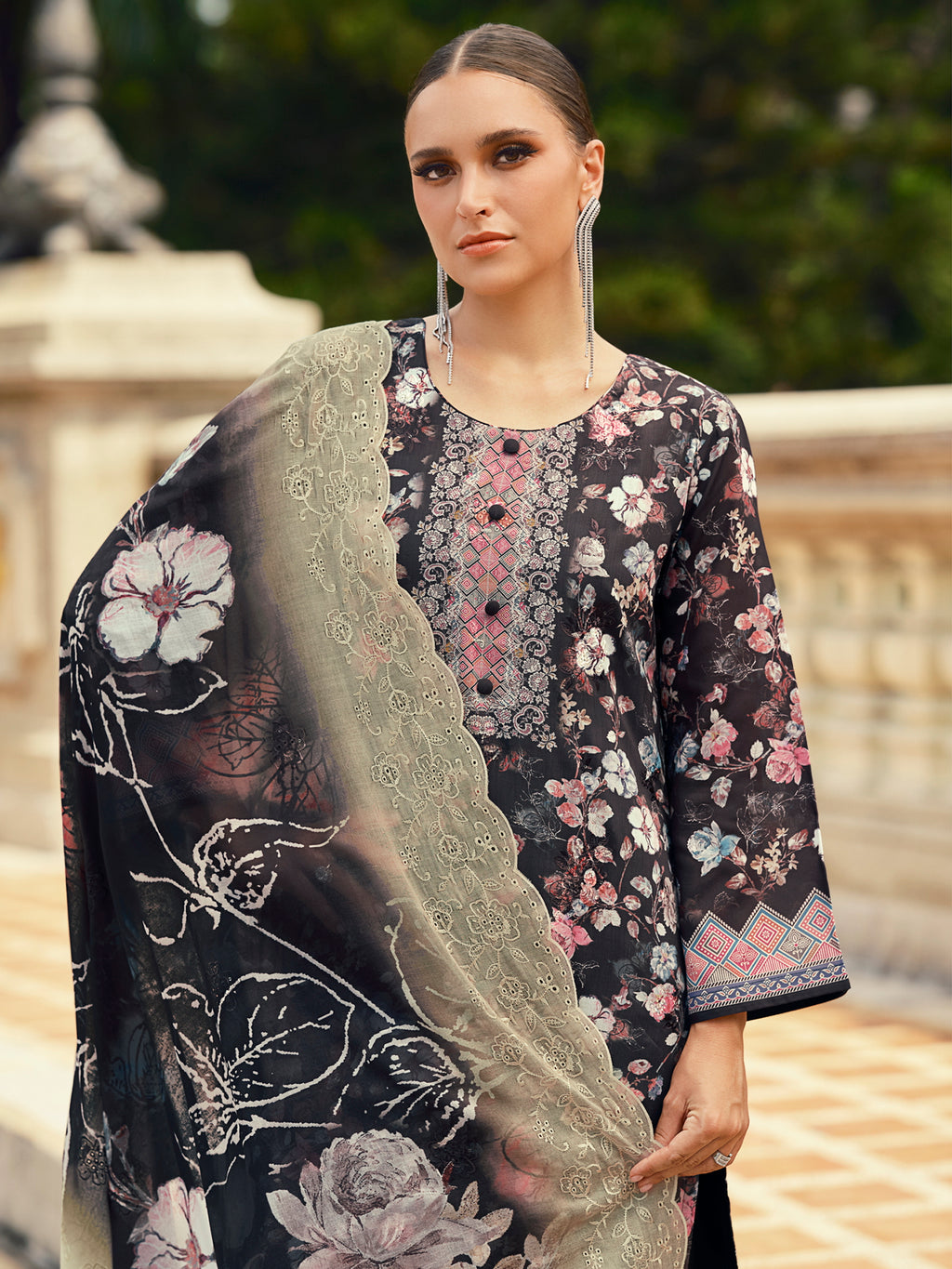 Midnight Black Lawn Cotton Dress Material | Floral Digital Print with Resham Thread & Cut Work