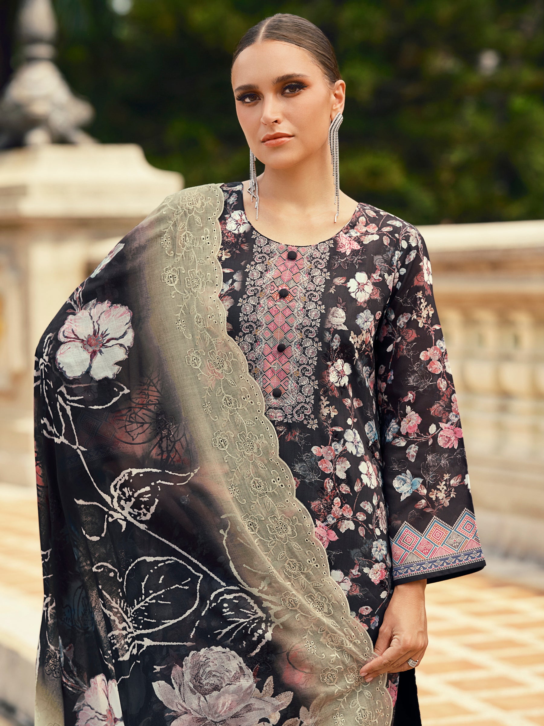 Midnight Black Lawn Cotton Dress Material | Floral Digital Print with Resham Thread & Cut Work
