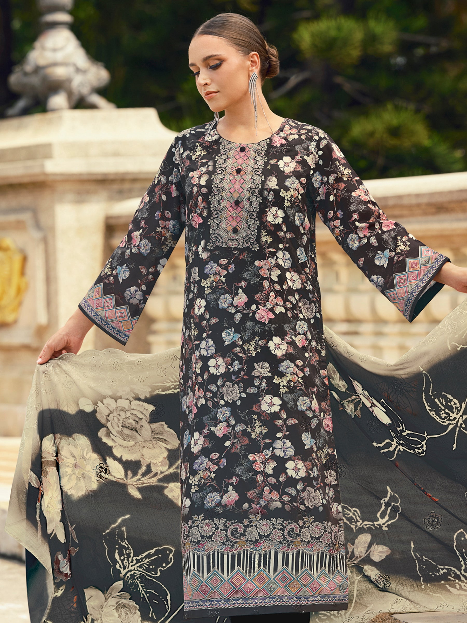 Midnight Black Lawn Cotton Dress Material | Floral Digital Print with Resham Thread & Cut Work