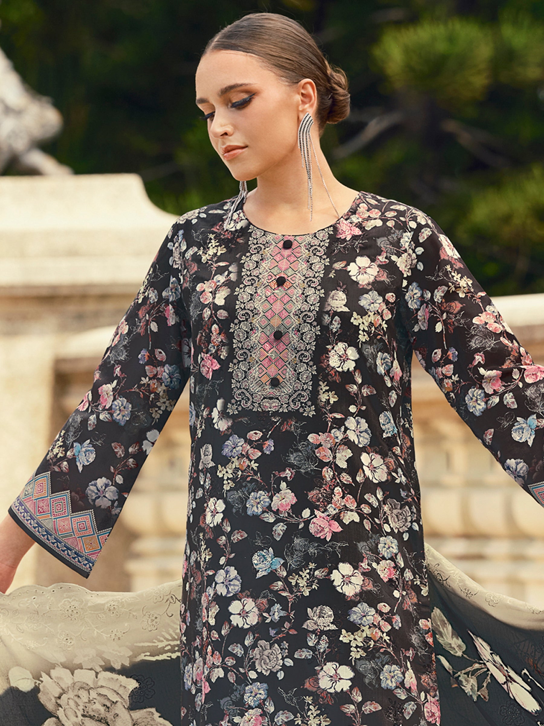 Midnight Black Lawn Cotton Dress Material | Floral Digital Print with Resham Thread & Cut Work