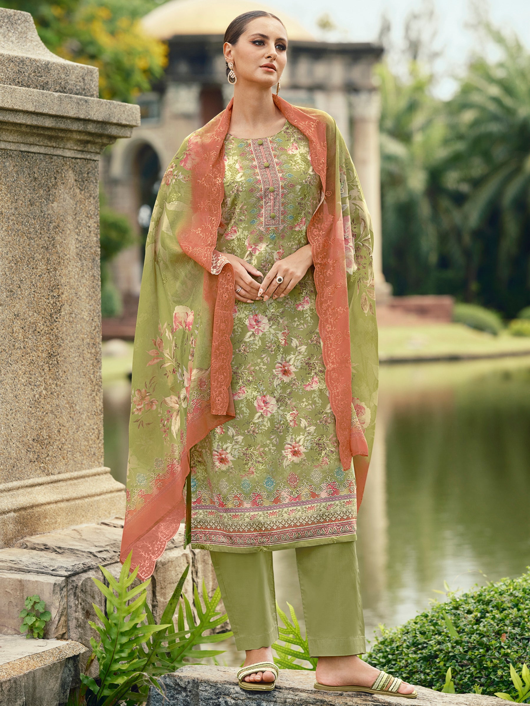 Enchanted Green Lawn Cotton Dress Material | Floral Digital Print with Resham Thread & Cut Work
