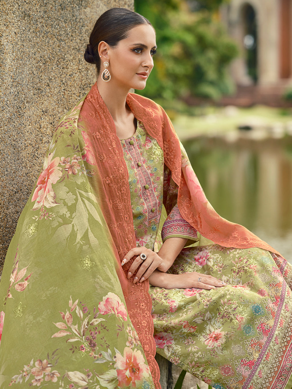 Enchanted Green Lawn Cotton Dress Material | Floral Digital Print with Resham Thread & Cut Work