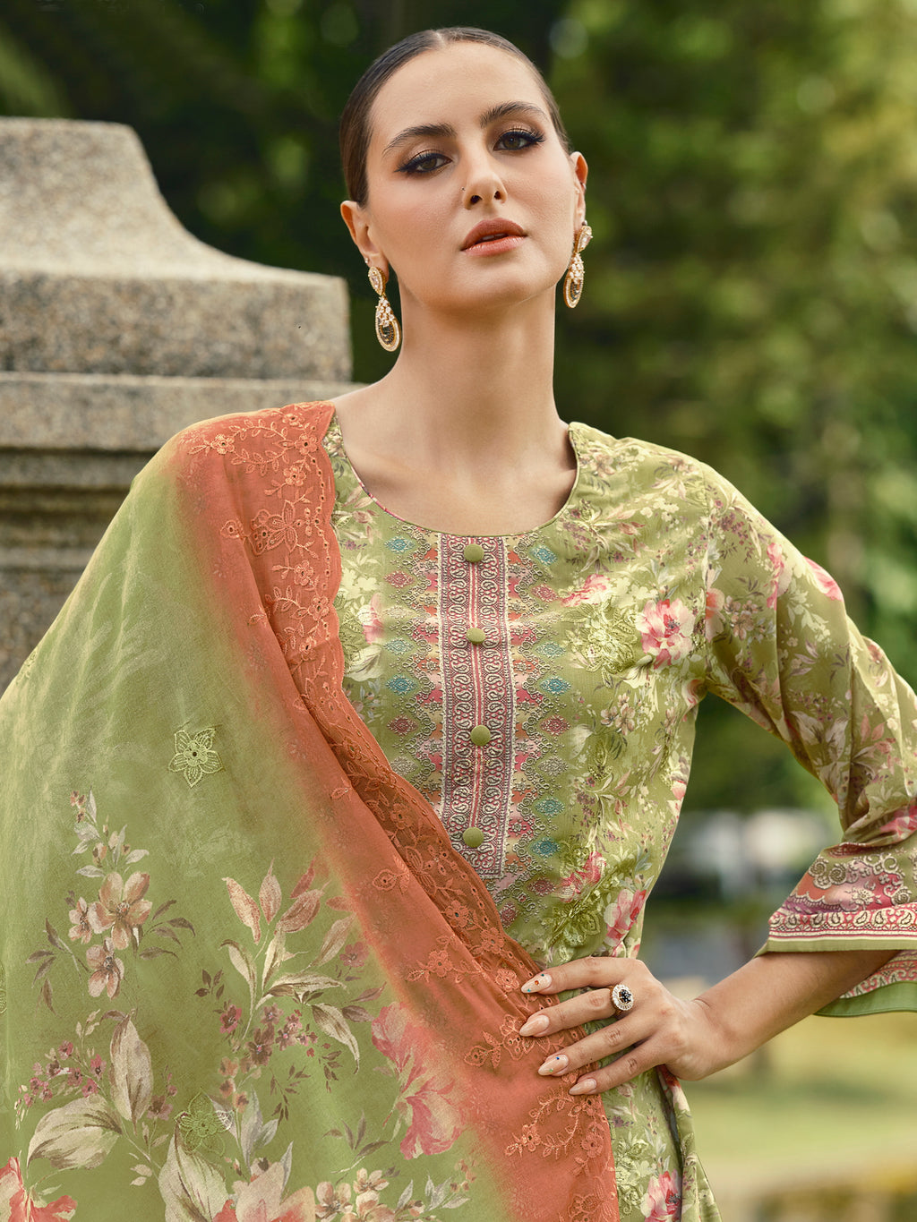 Enchanted Green Lawn Cotton Dress Material | Floral Digital Print with Resham Thread & Cut Work