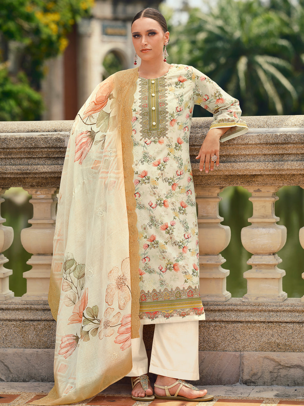Ethereal Cream Lawn Cotton Dress Material | Floral Digital Print with Resham Thread & Cut Work