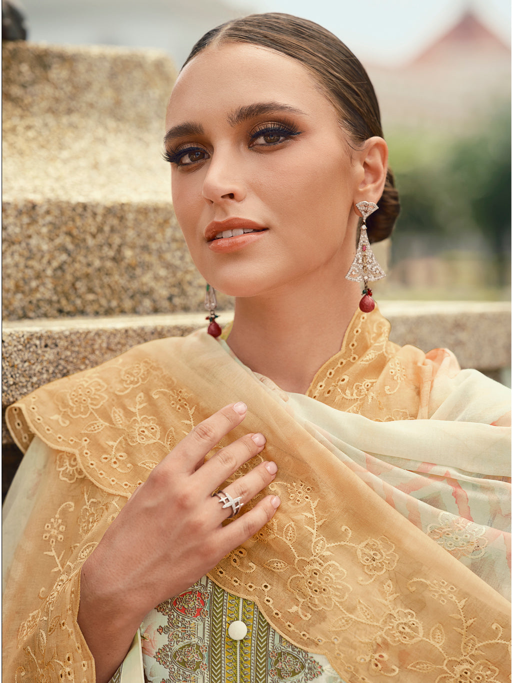 Ethereal Cream Lawn Cotton Dress Material | Floral Digital Print with Resham Thread & Cut Work